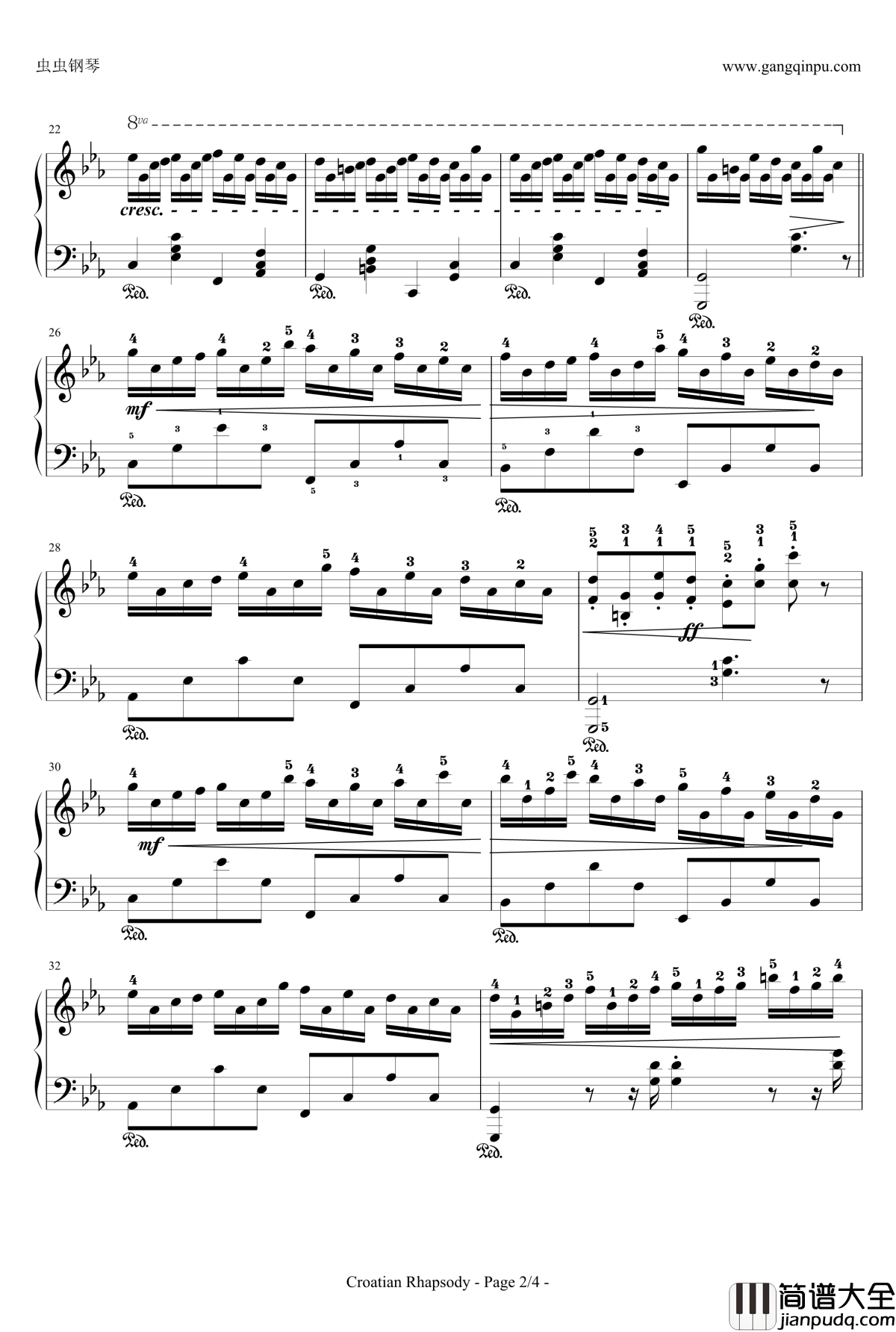 克罗地亚狂想曲钢琴谱_带指法简易版学生最爱_马克西姆_Maksim·Mrvica