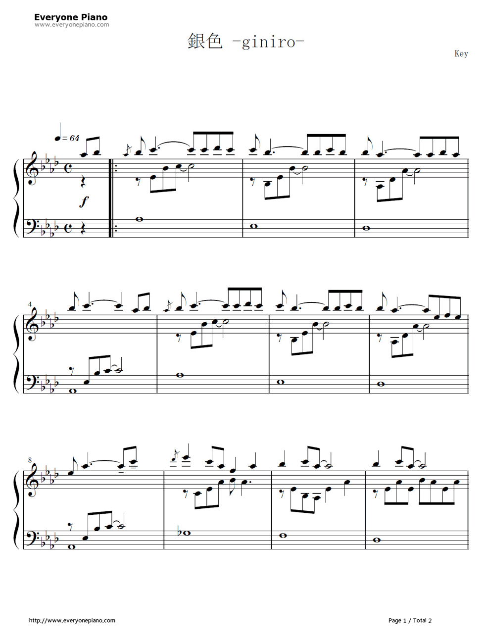 银色钢琴谱_Key（麻枝准）