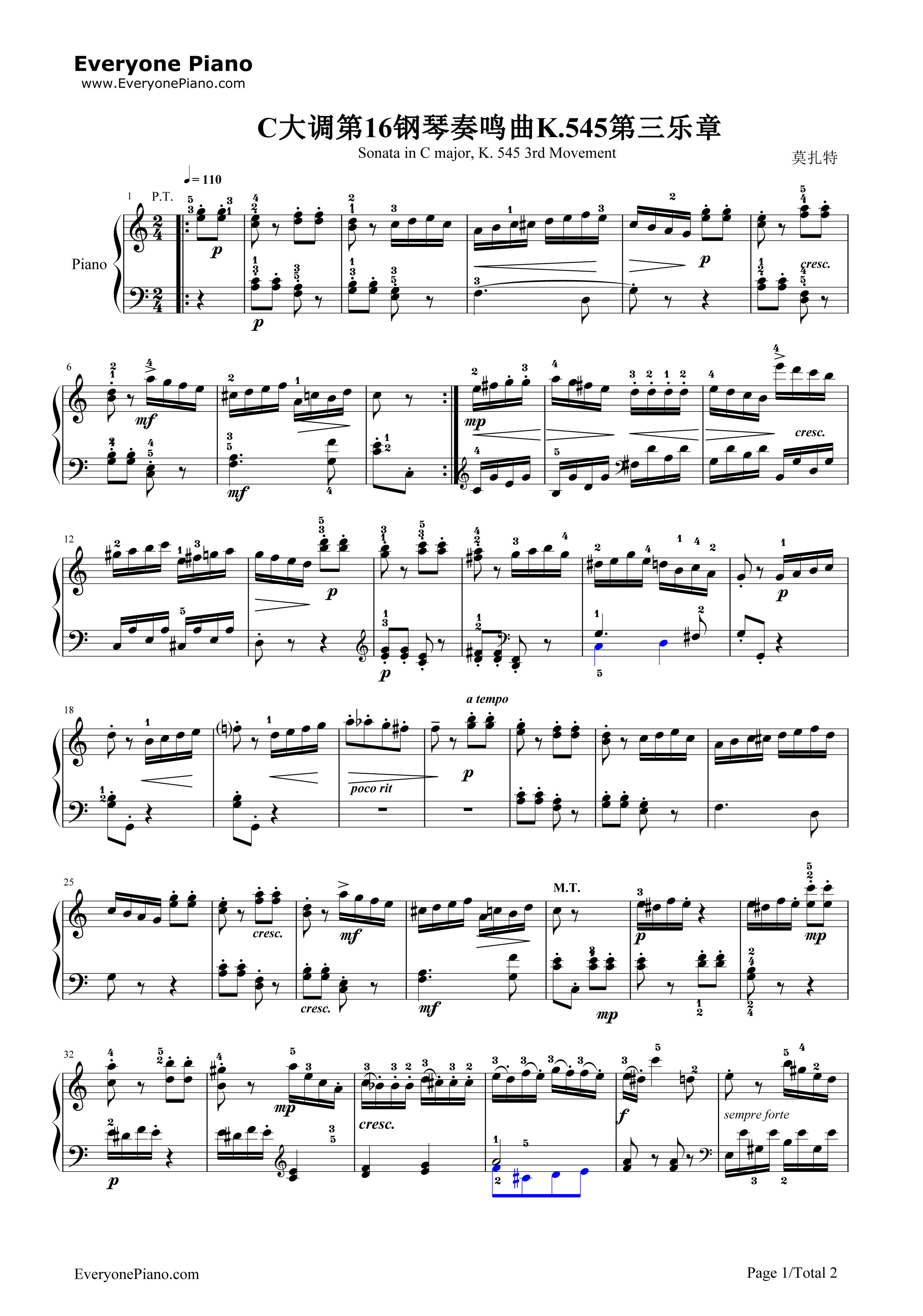 C大调奏鸣曲K.545第3乐章钢琴谱_莫扎特