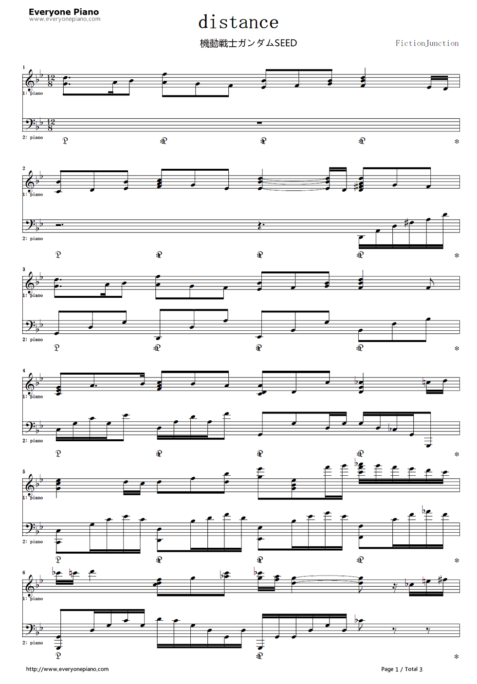 Distance钢琴谱_FictionJunction