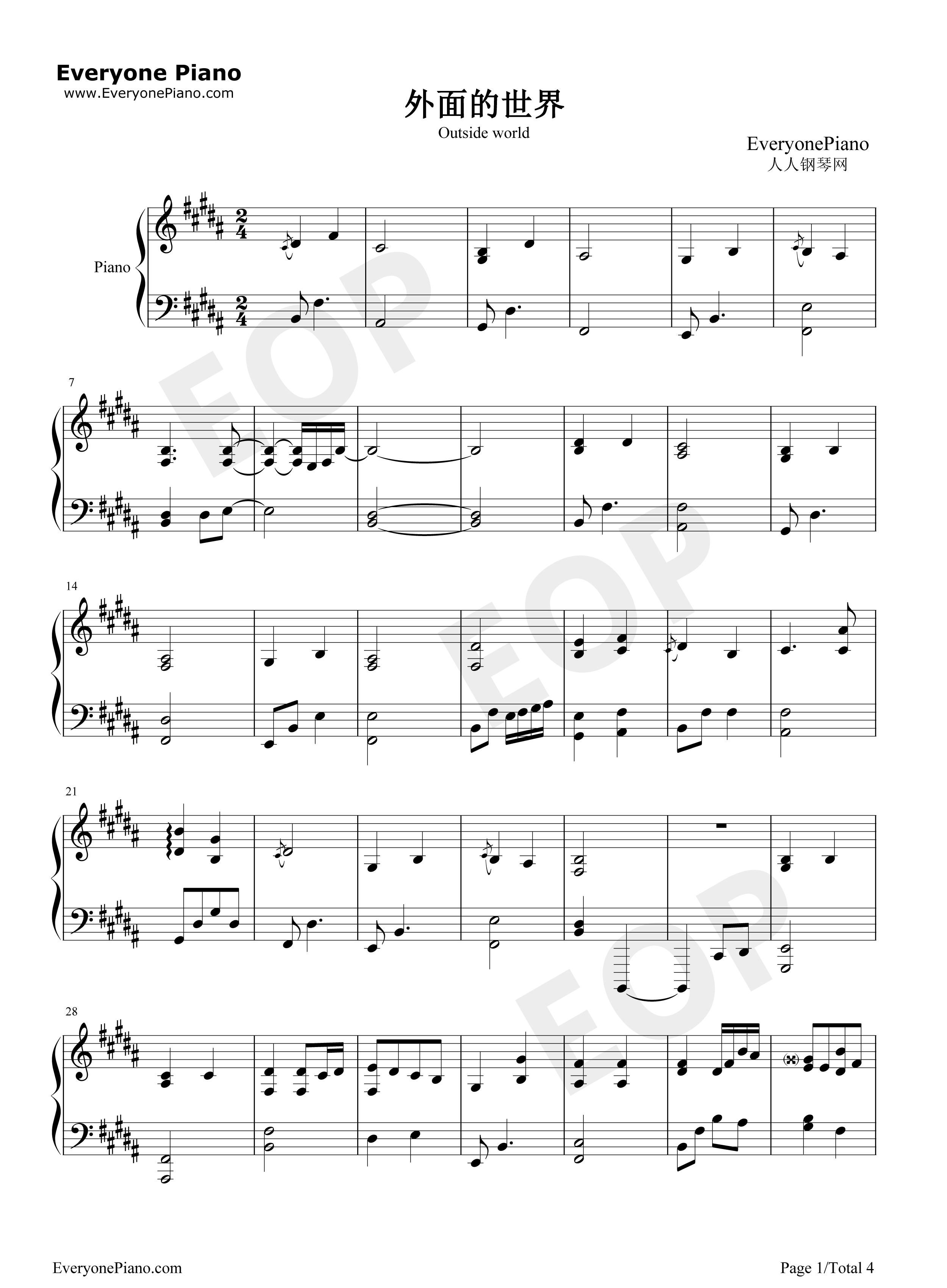 外面的世界钢琴谱_齐秦__莫文蔚
