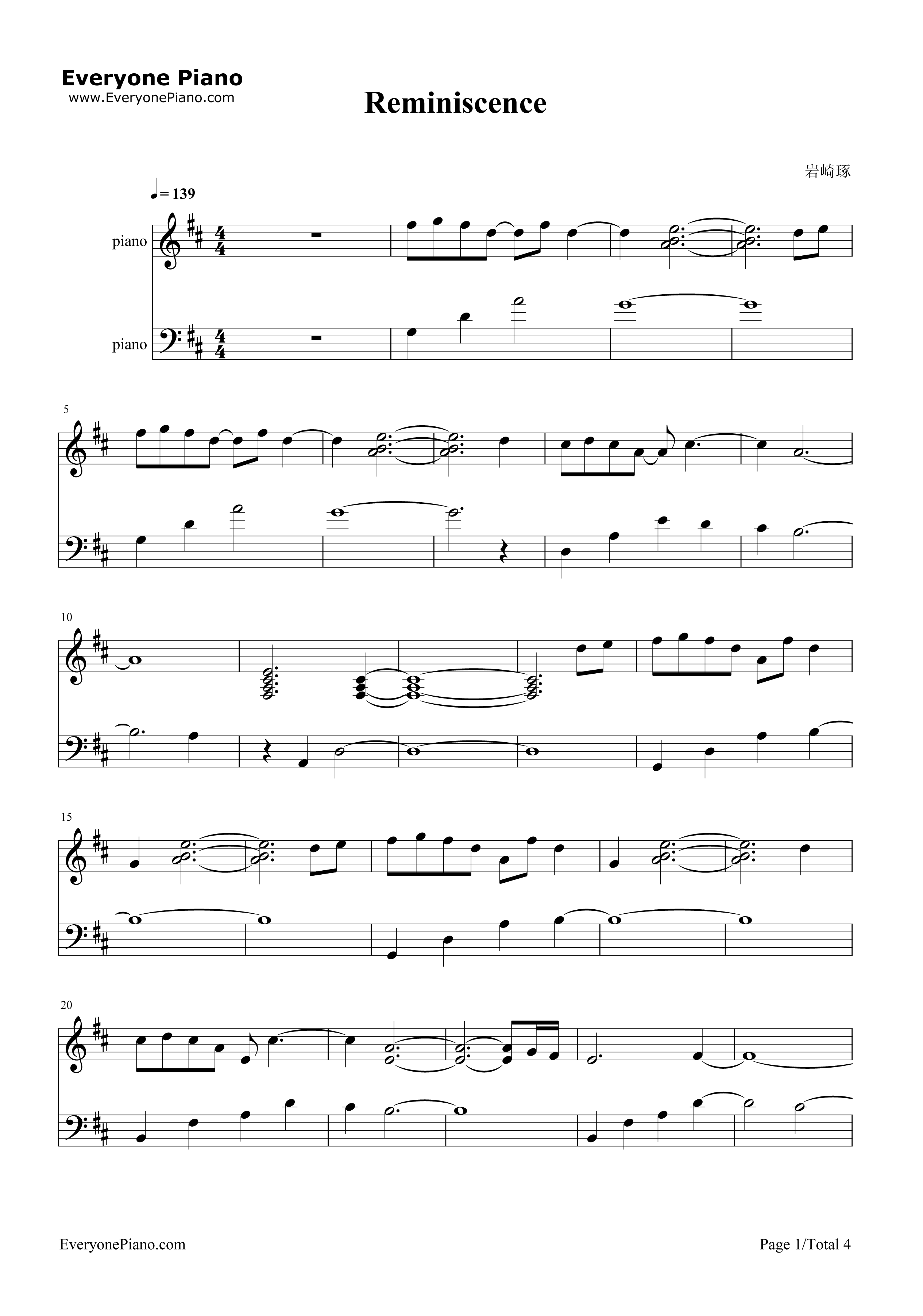 Reminiscence钢琴谱_岩崎琢