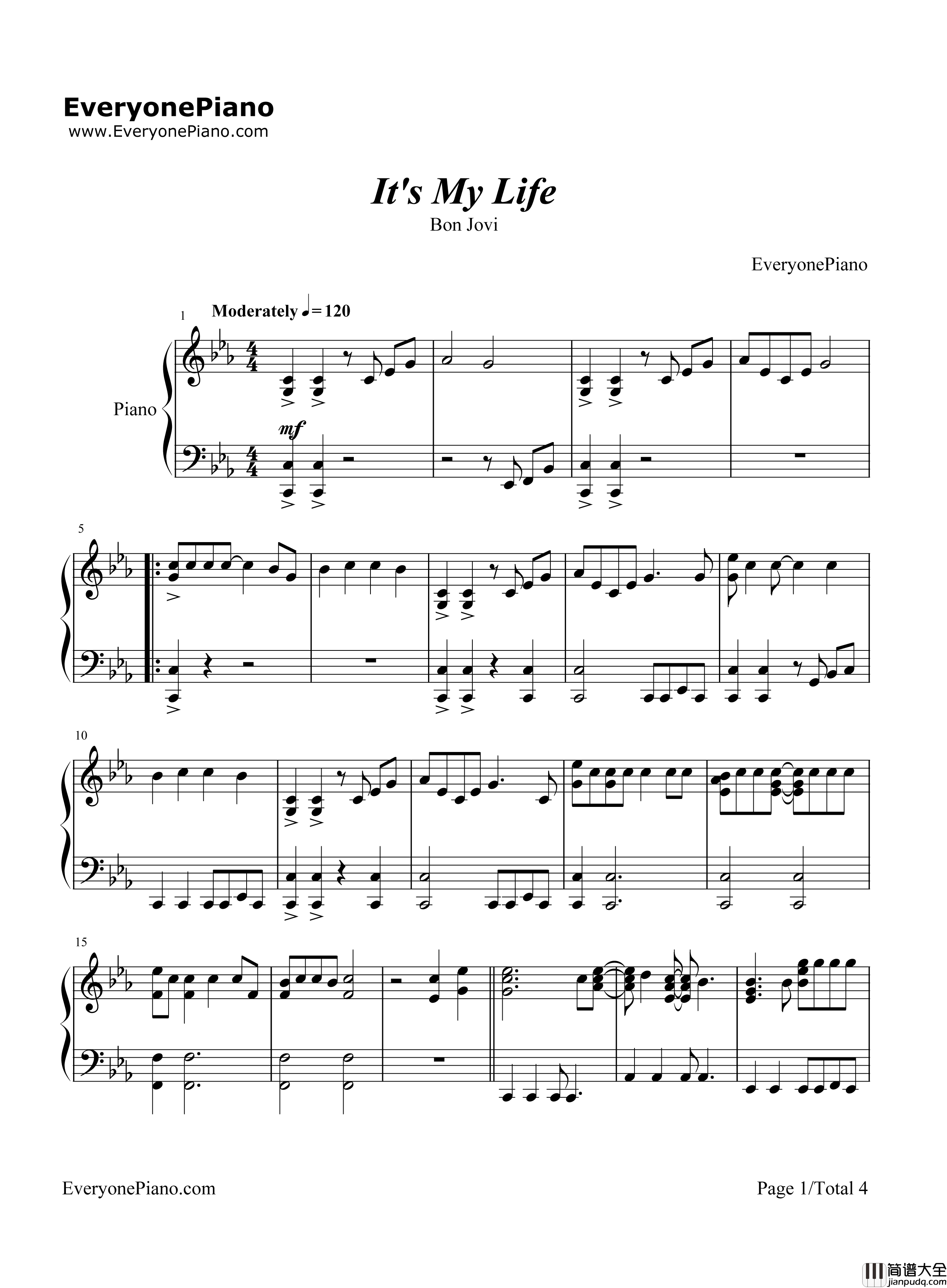 It's_My_Life钢琴谱_Bonjovi