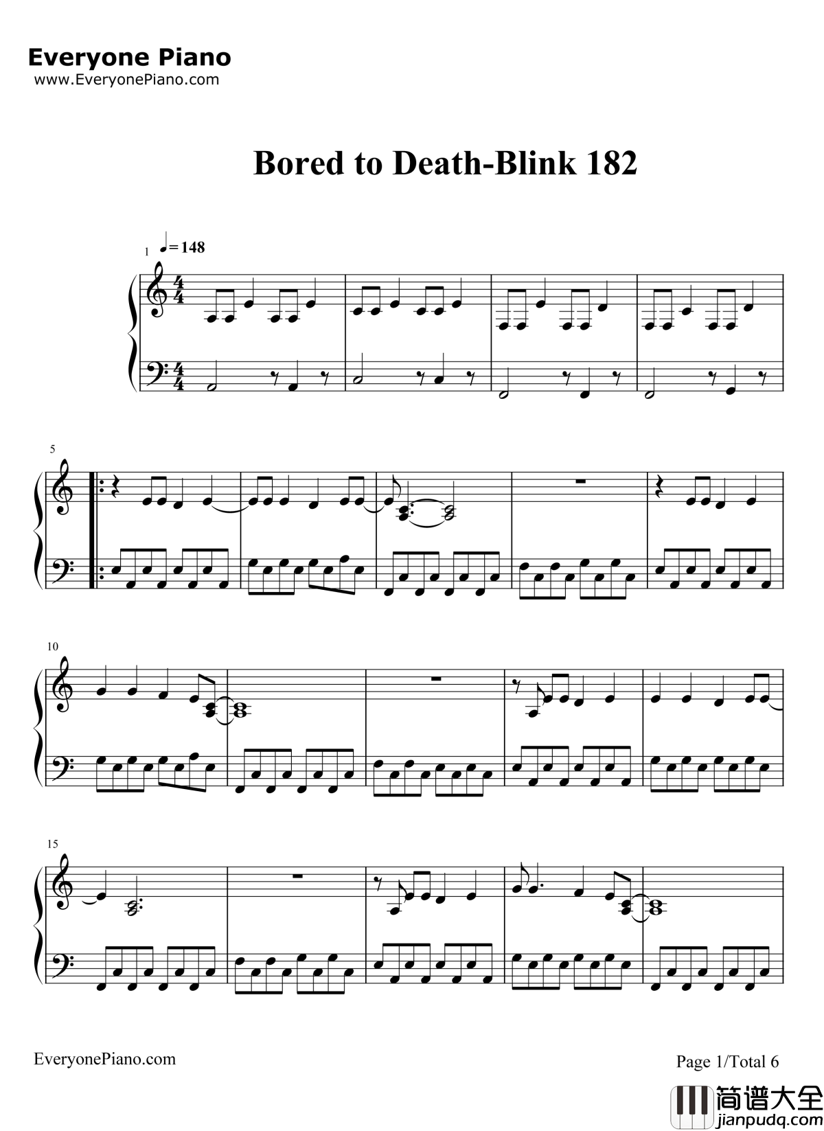 BoredtoDeath钢琴谱_Blink182