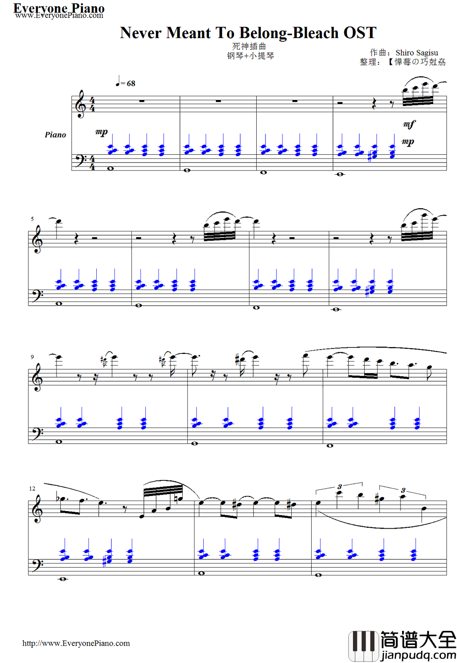 Never_Meant_to_Belong钢琴谱_鹭巣诗郎_死神插曲