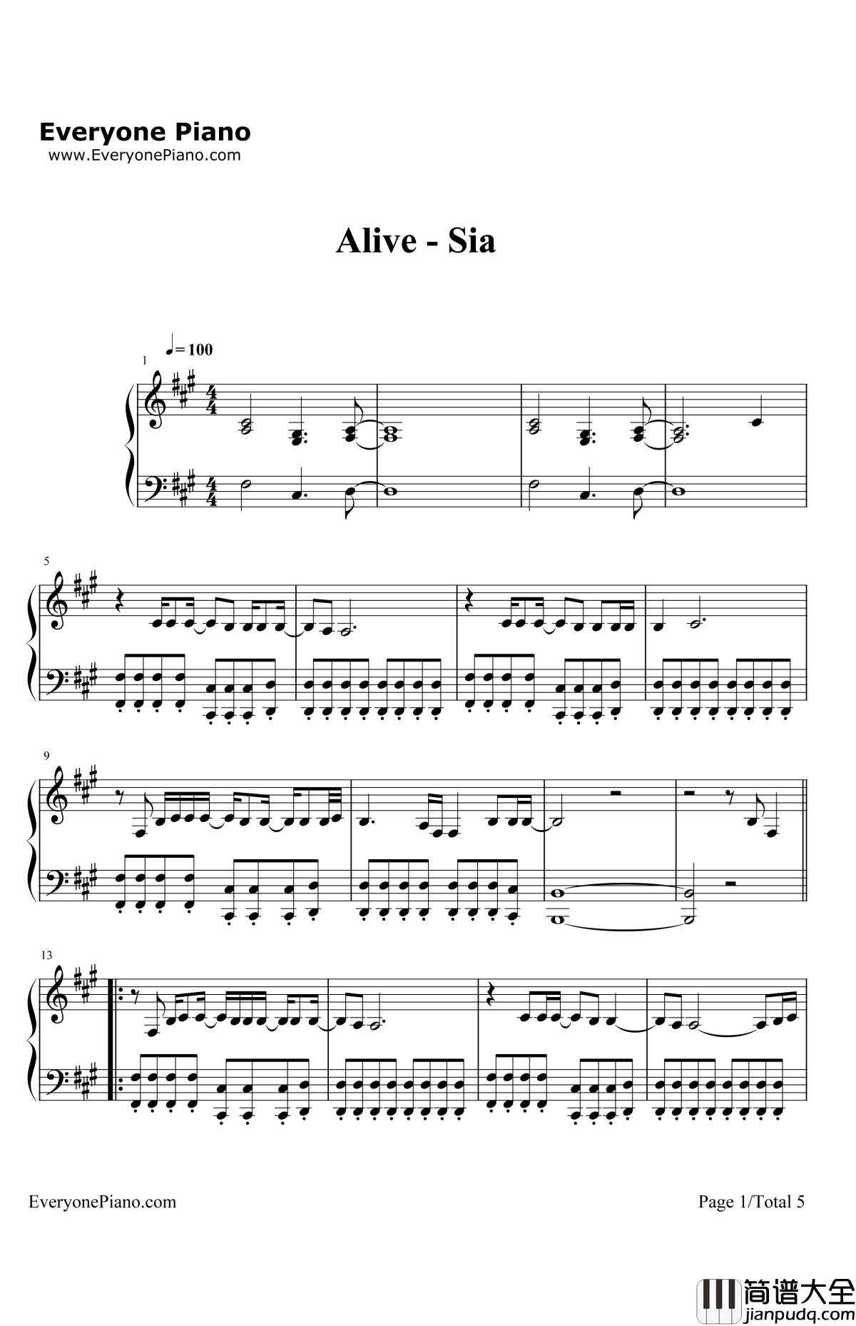Alive钢琴谱_Sia