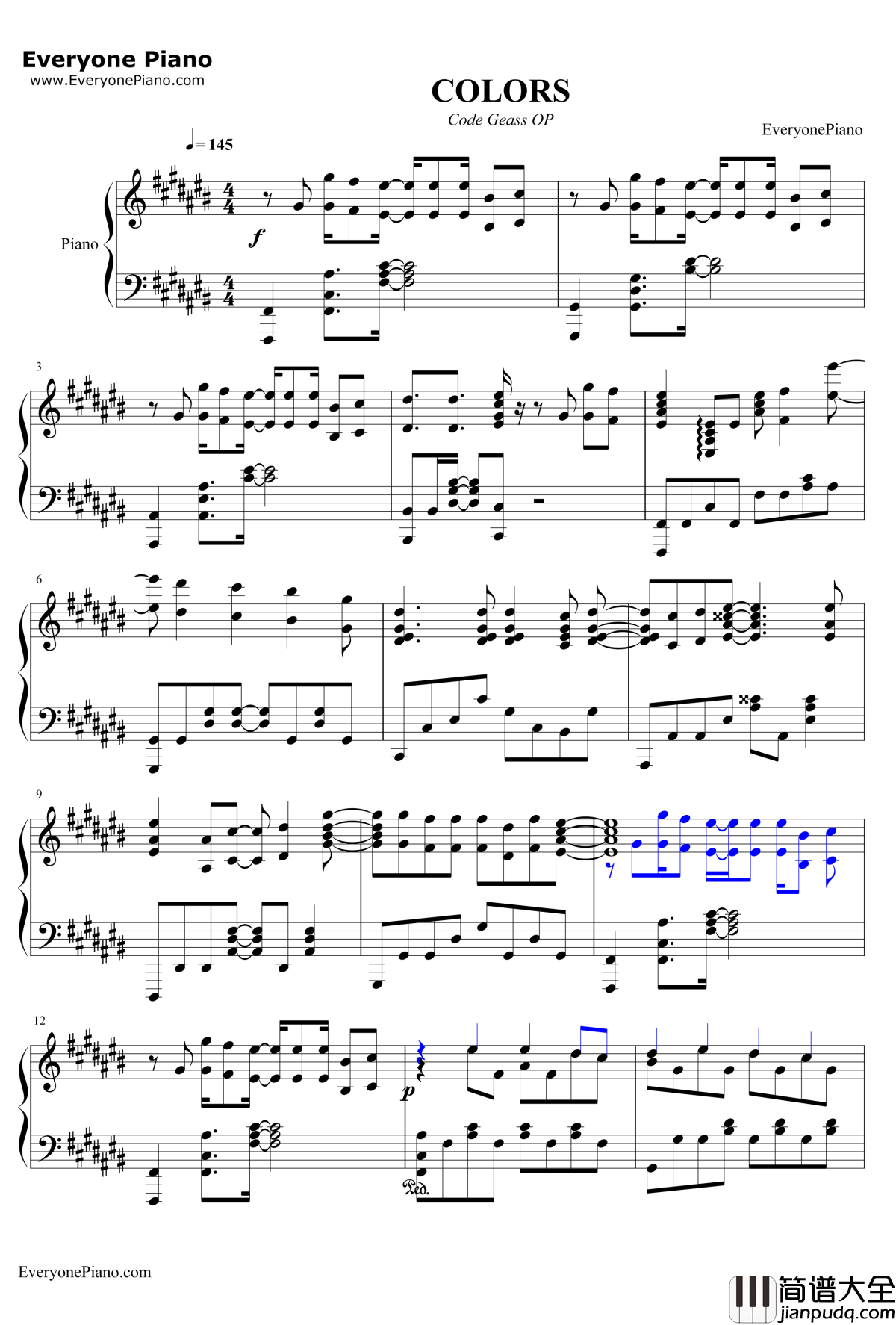COLORS钢琴谱_FLOW_CodeGeass反叛的鲁鲁修OP1