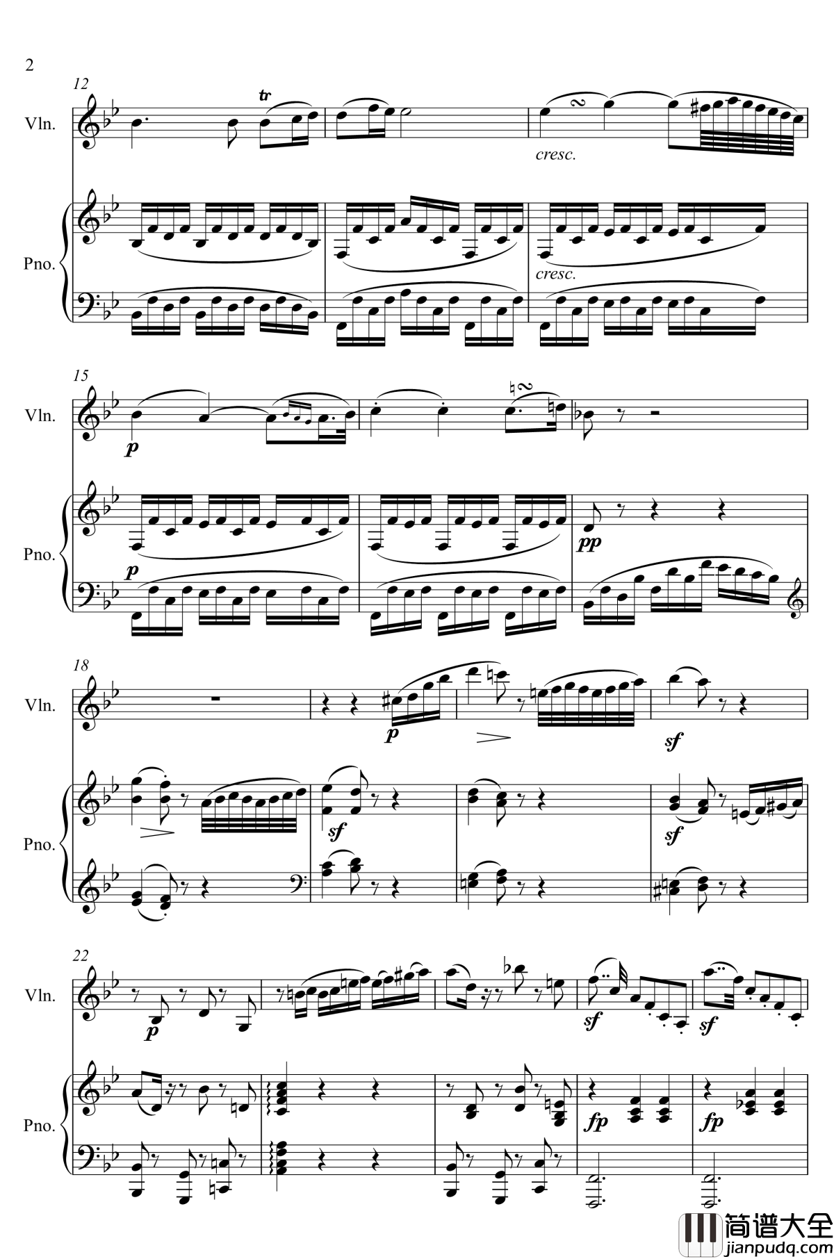 第5小提琴与钢琴奏鸣曲_第二乐章钢琴谱_贝多芬_beethoven