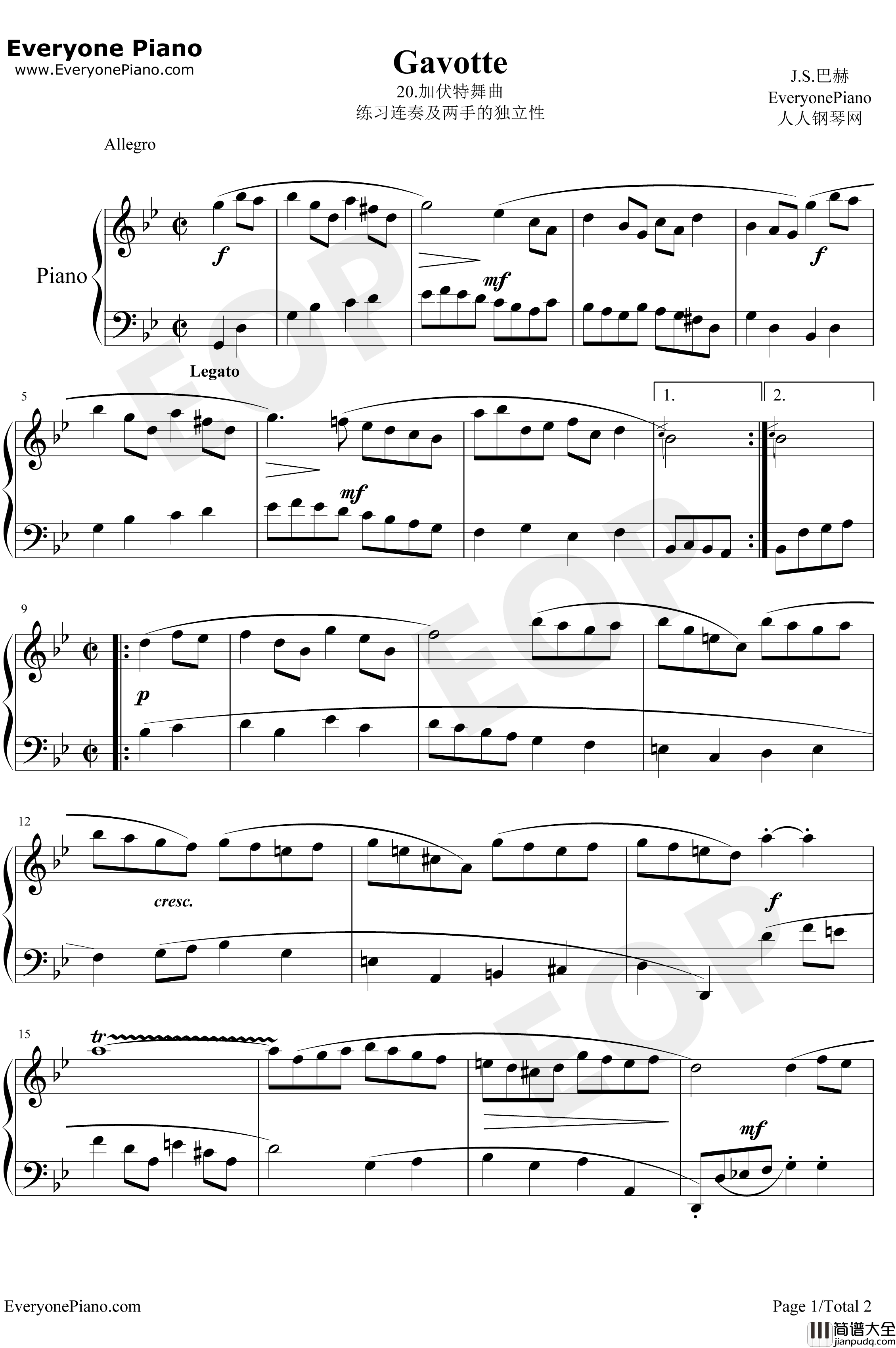 加伏特舞曲20钢琴谱_巴赫_巴赫初级钢琴曲集