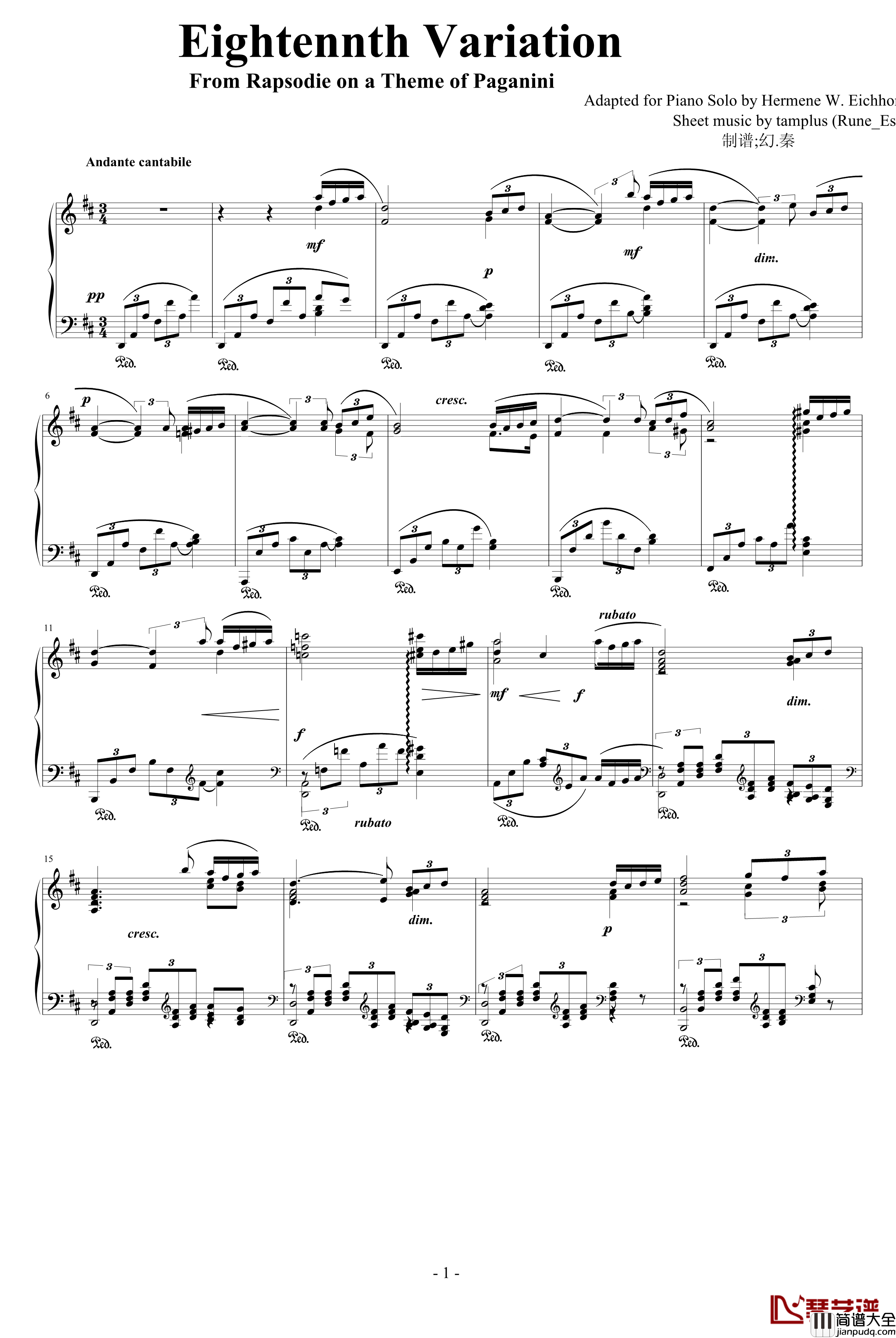 帕格尼尼主題变奏曲钢琴谱_XVIII_勃拉姆斯_Brahms