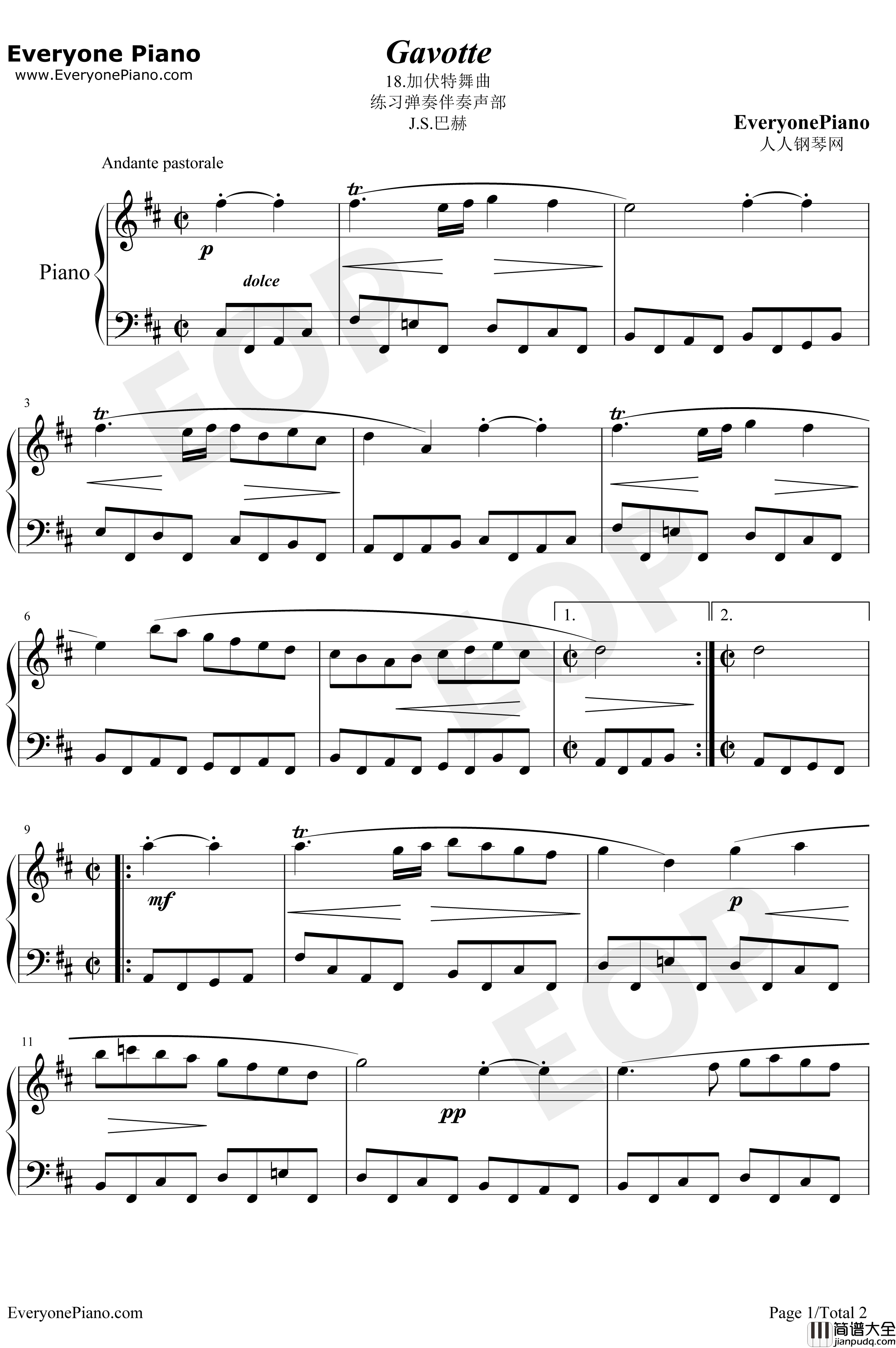 加伏特舞曲18钢琴谱_巴赫初级钢琴曲集