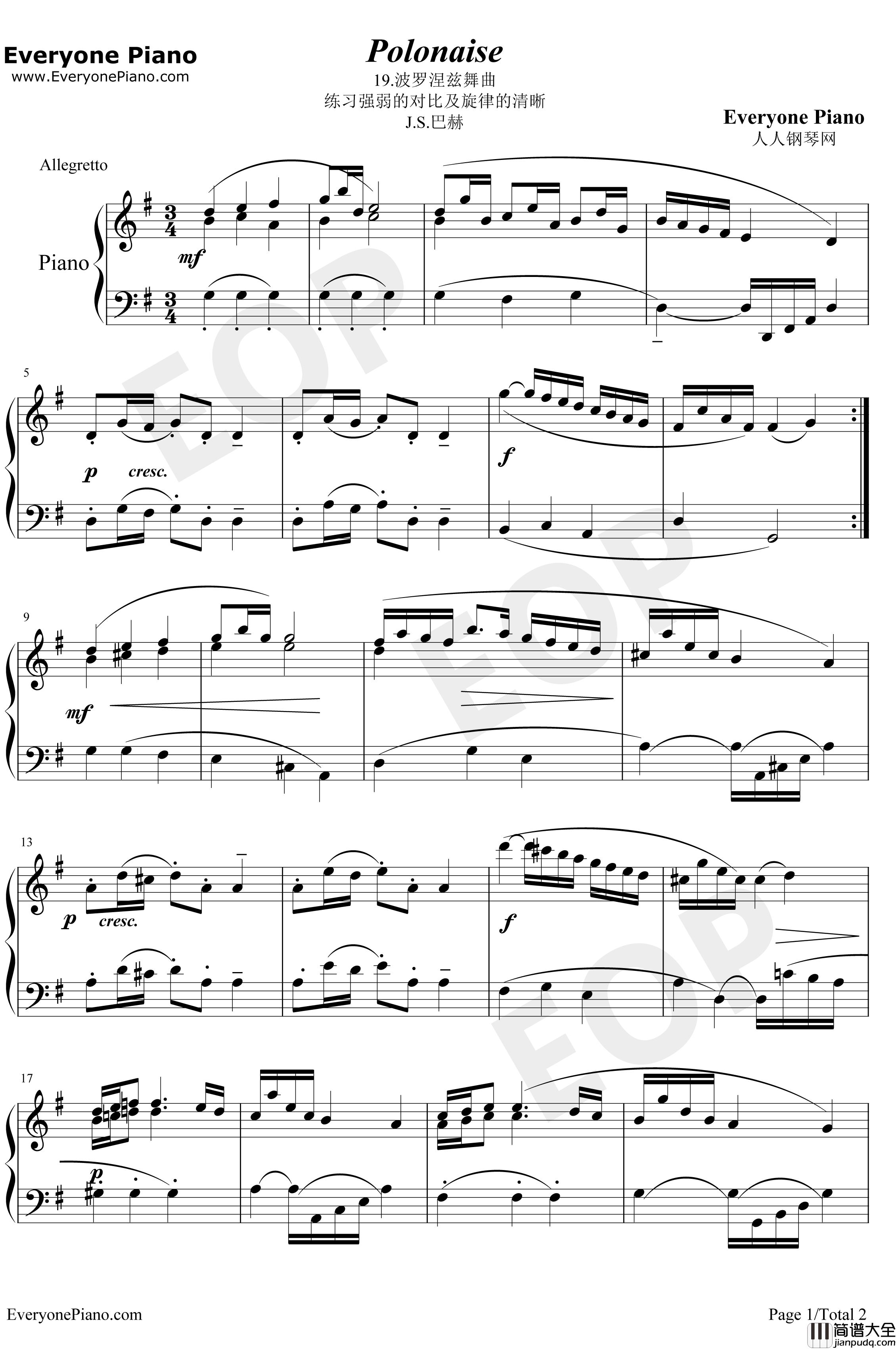 波罗涅兹舞曲19钢琴谱_巴赫_巴赫初级钢琴曲集