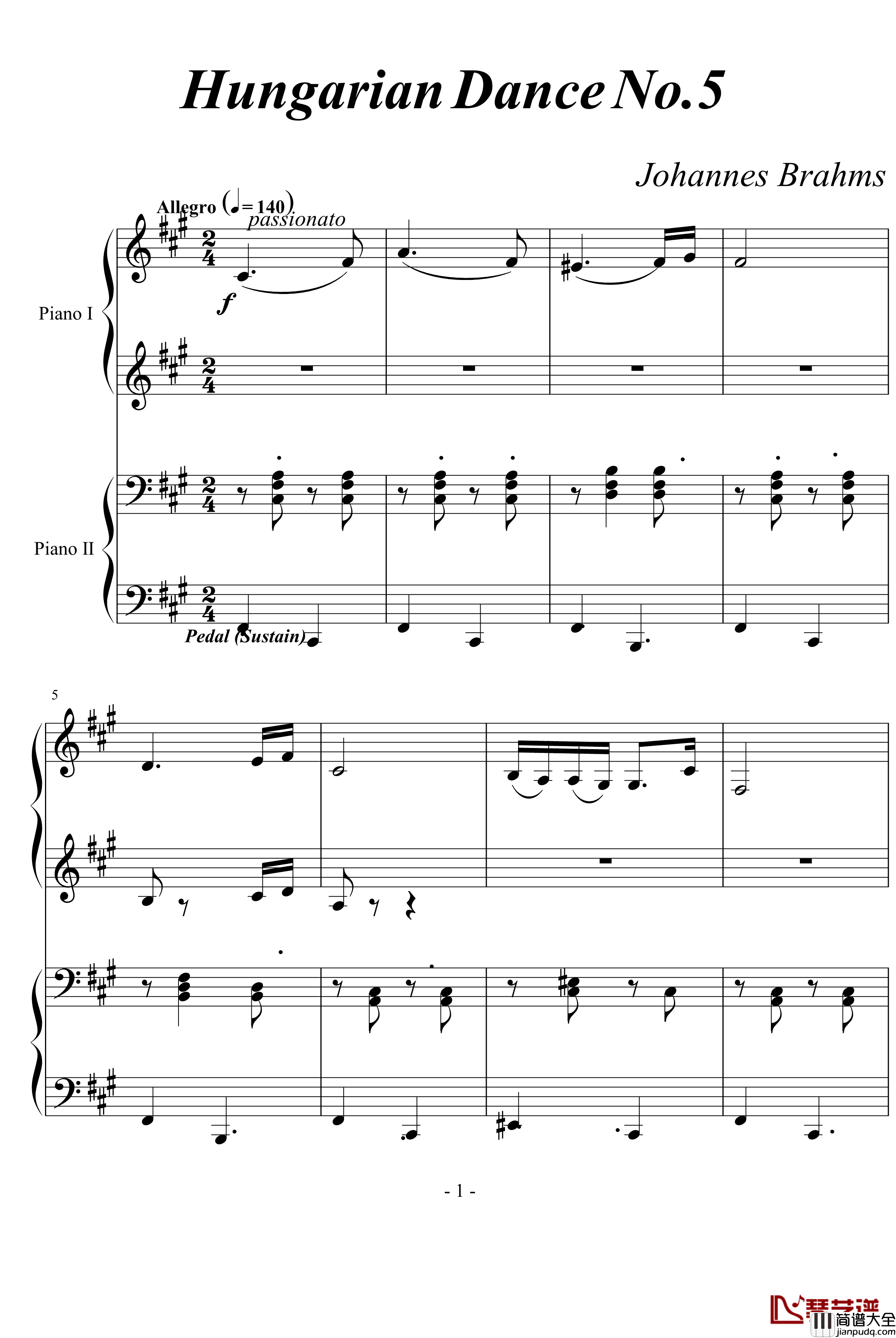 匈牙利舞曲第5号钢琴谱_勃拉姆斯_Brahms