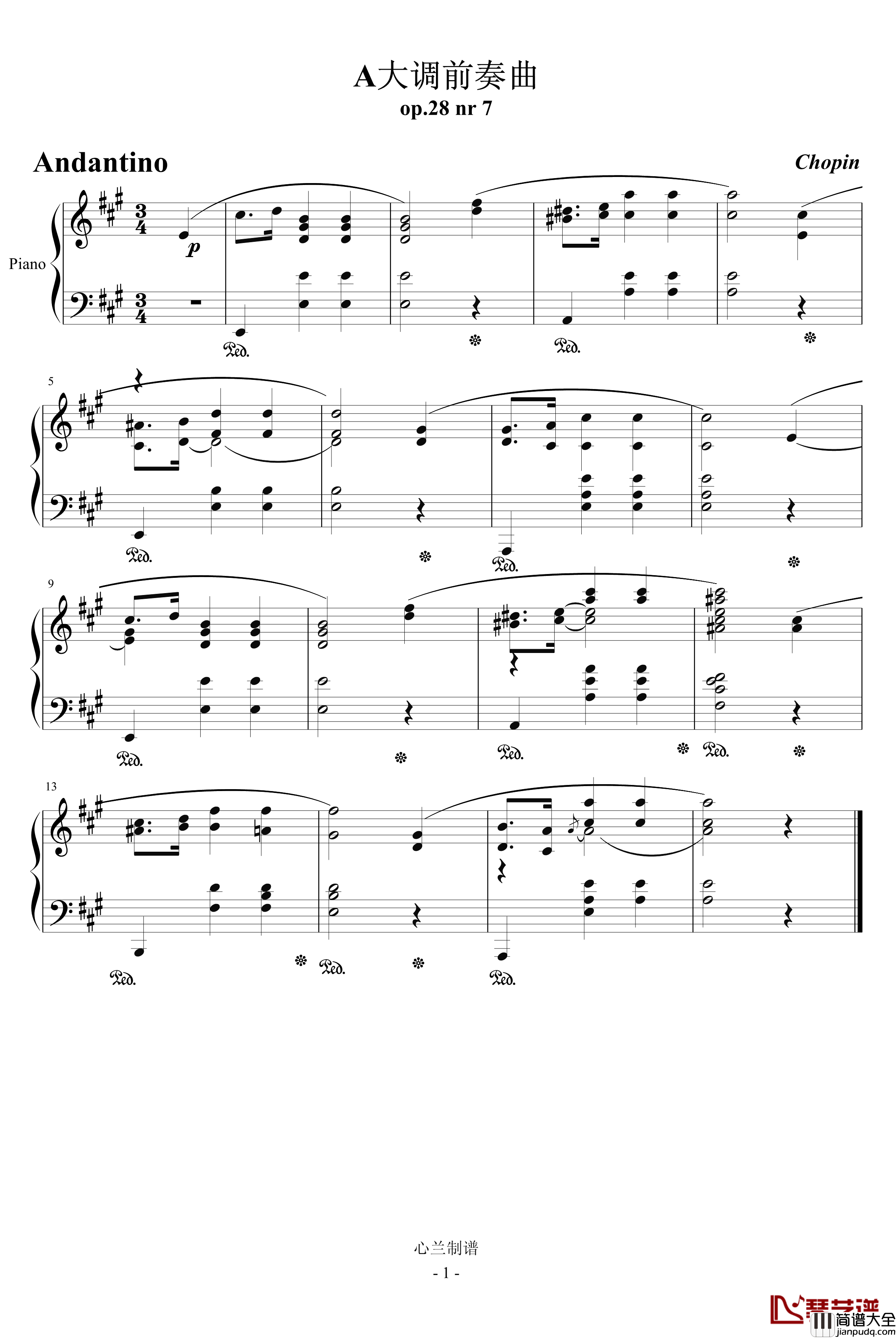 A大调前奏曲钢琴谱_肖邦_chopin