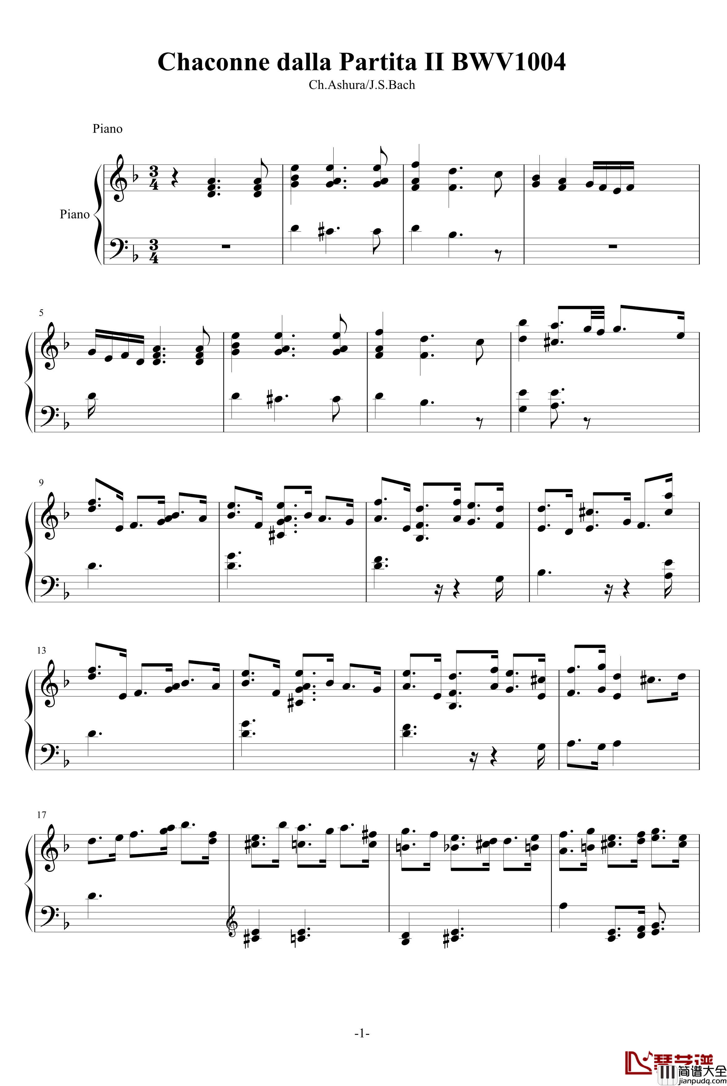 BWV.1004Chaconne改编钢琴谱_巴赫神作_P.E.Bach
