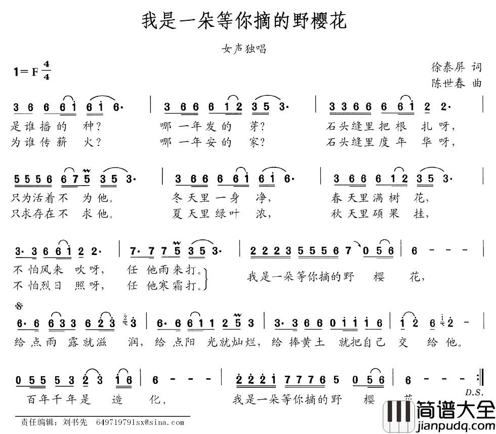 我是一朵等你摘的野樱花简谱_女声独唱