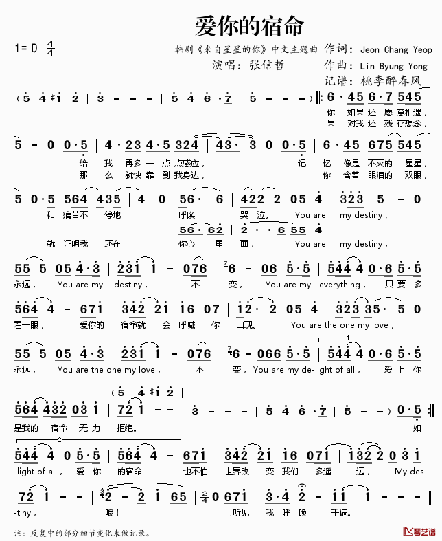 爱你的宿命简谱(歌词)_张信哲演唱_韩剧_来自星星的你_中文主题曲