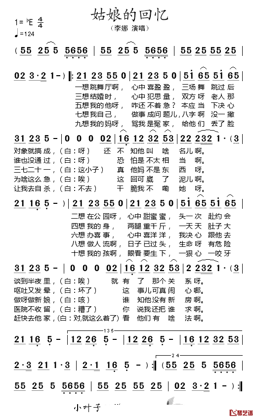 姑娘的回忆简谱_李娜、演唱_