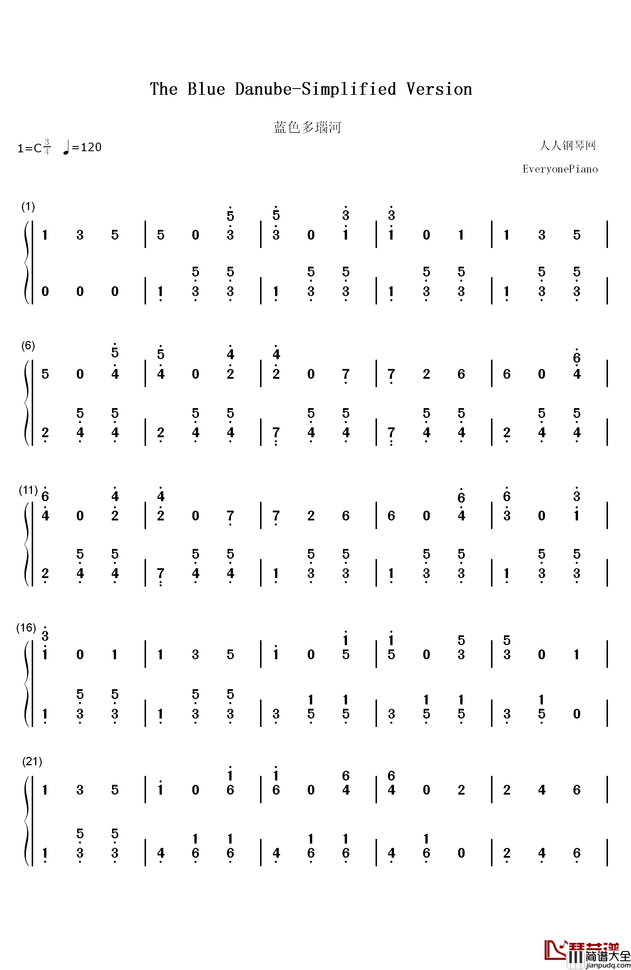 蓝色多瑙河简单版钢琴简谱_数字双手_小约翰·施特劳斯