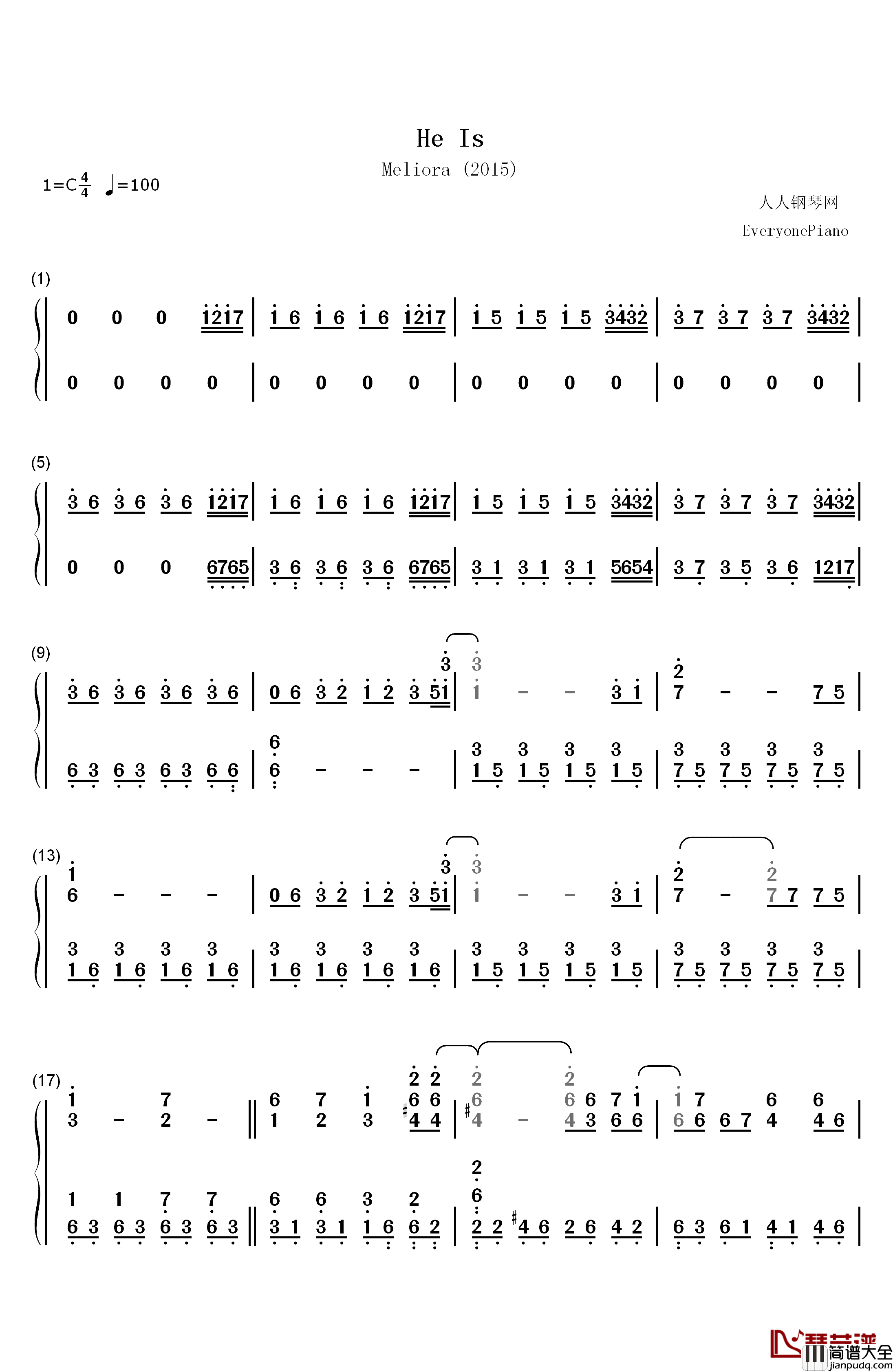 He_Is钢琴简谱_数字双手_Ghost