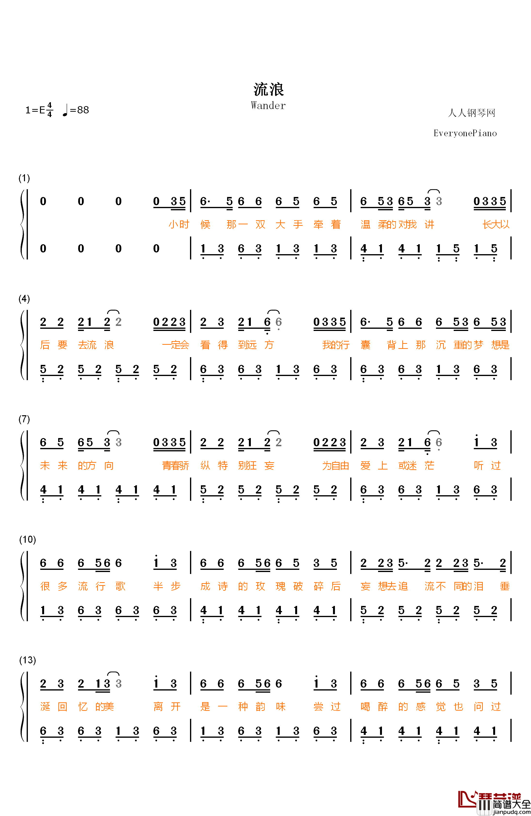 流浪钢琴简谱_数字双手_半阳