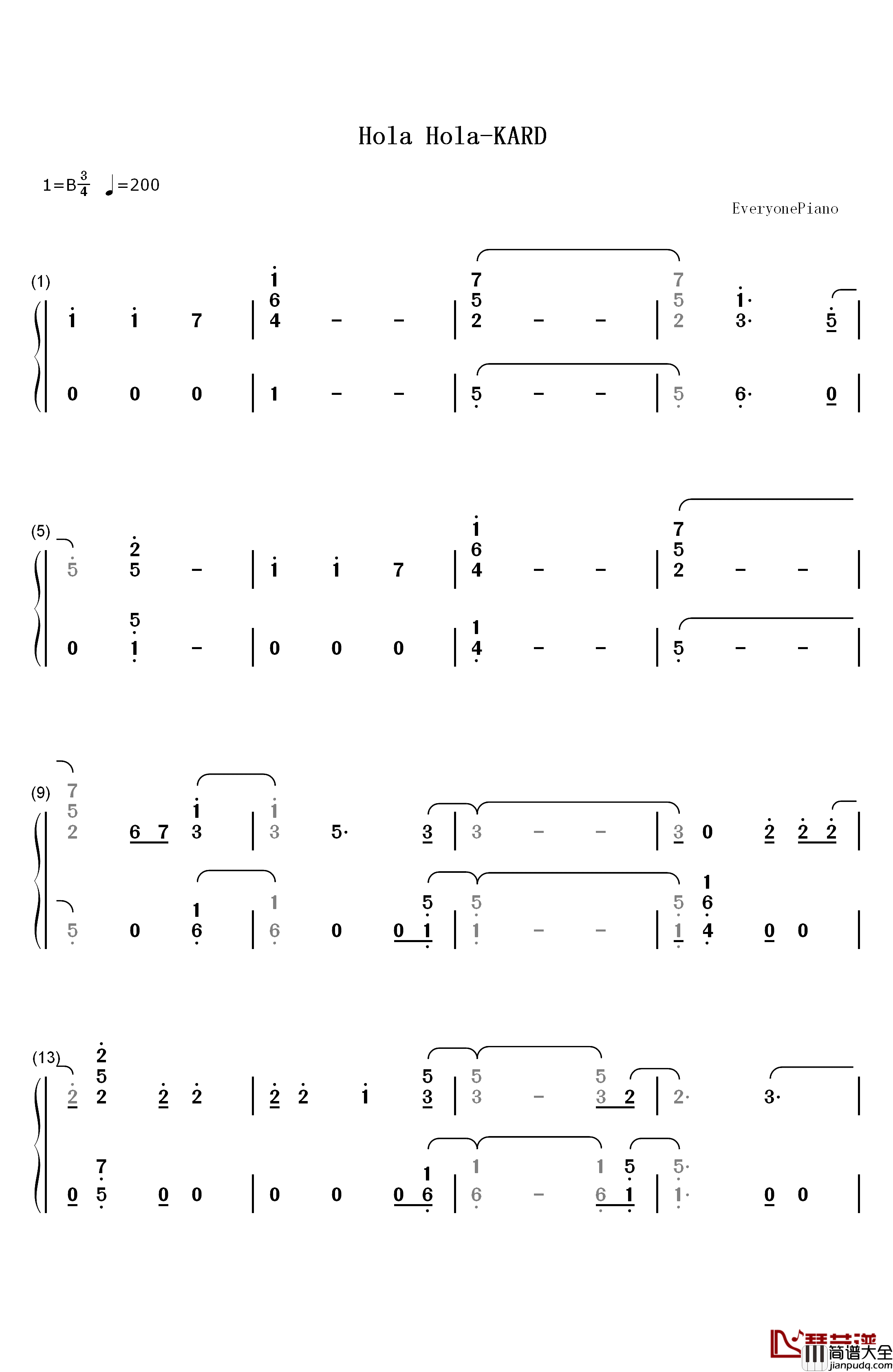 Hola_Hola钢琴简谱_数字双手_KARD