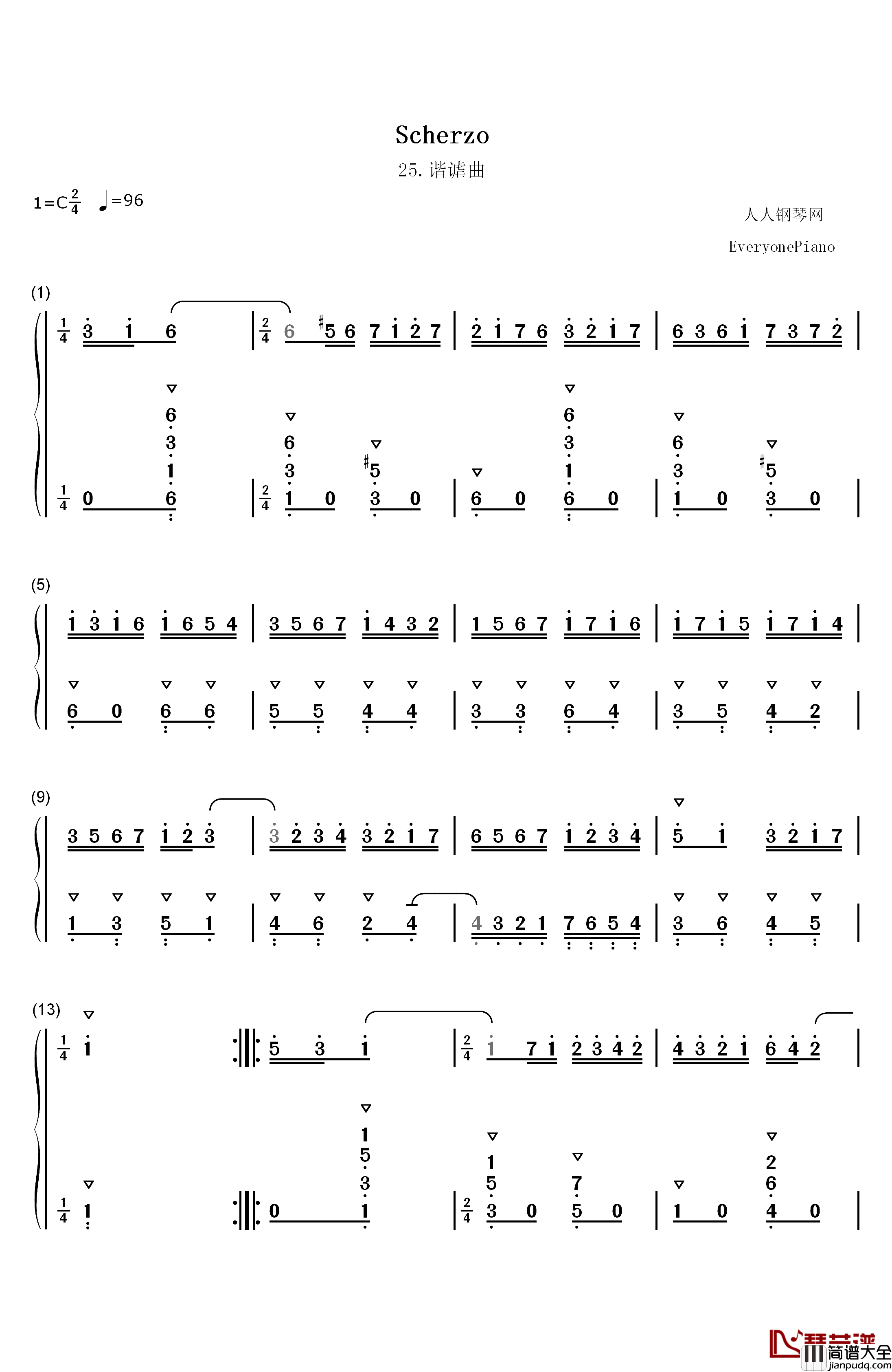 谐谑曲_25钢琴简谱_数字双手_巴赫