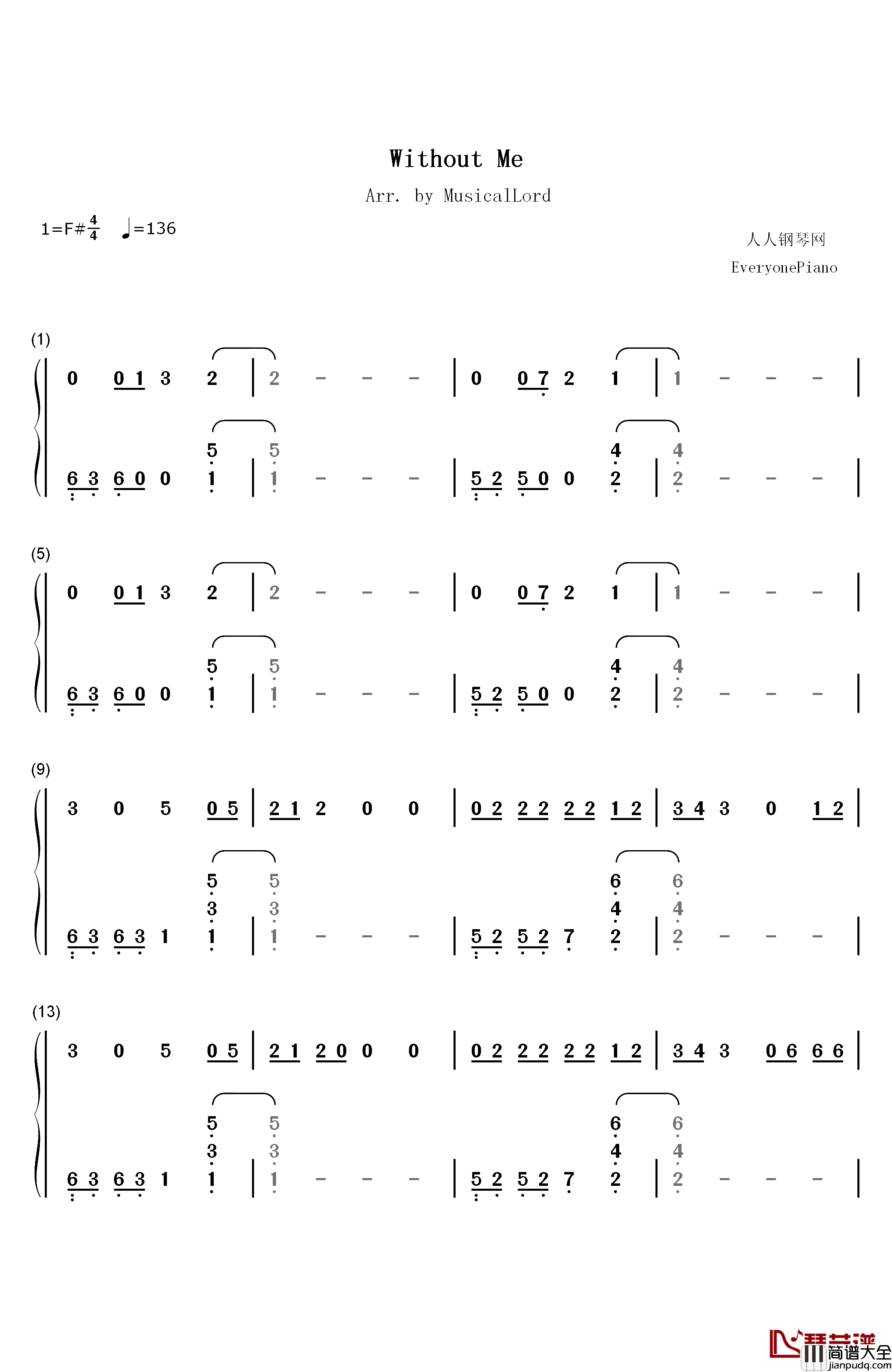 Without_Me钢琴简谱_数字双手_Halsey