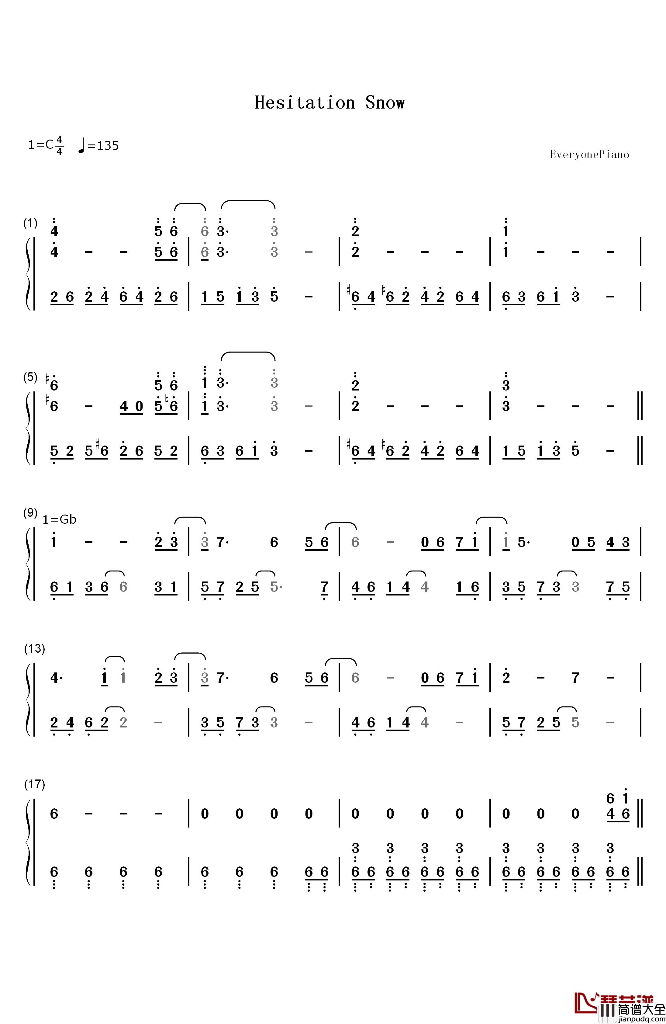 Hesitation_Snow钢琴简谱_数字双手_fripSide