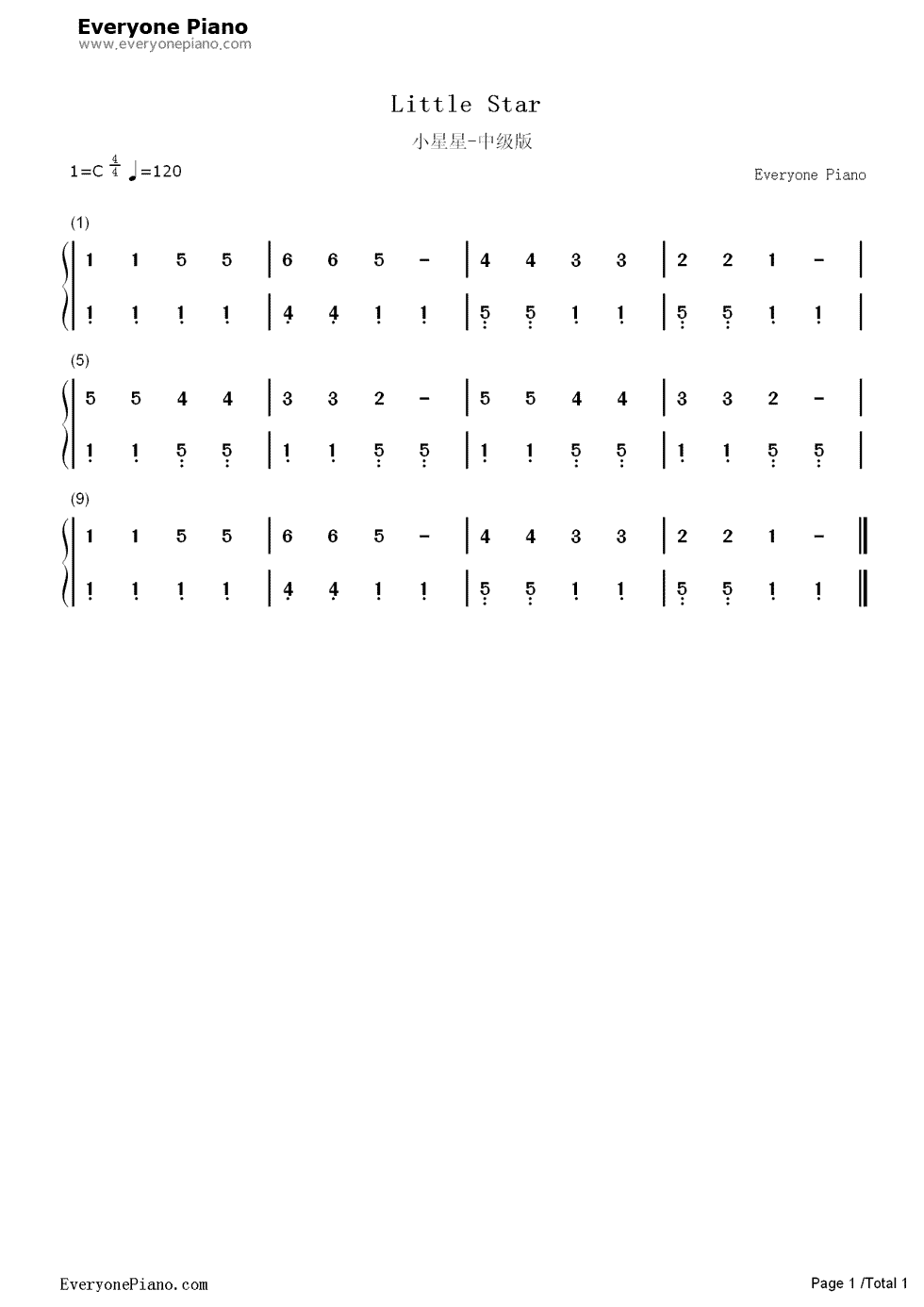 小星星中级版钢琴简谱_数字双手_法国民谣