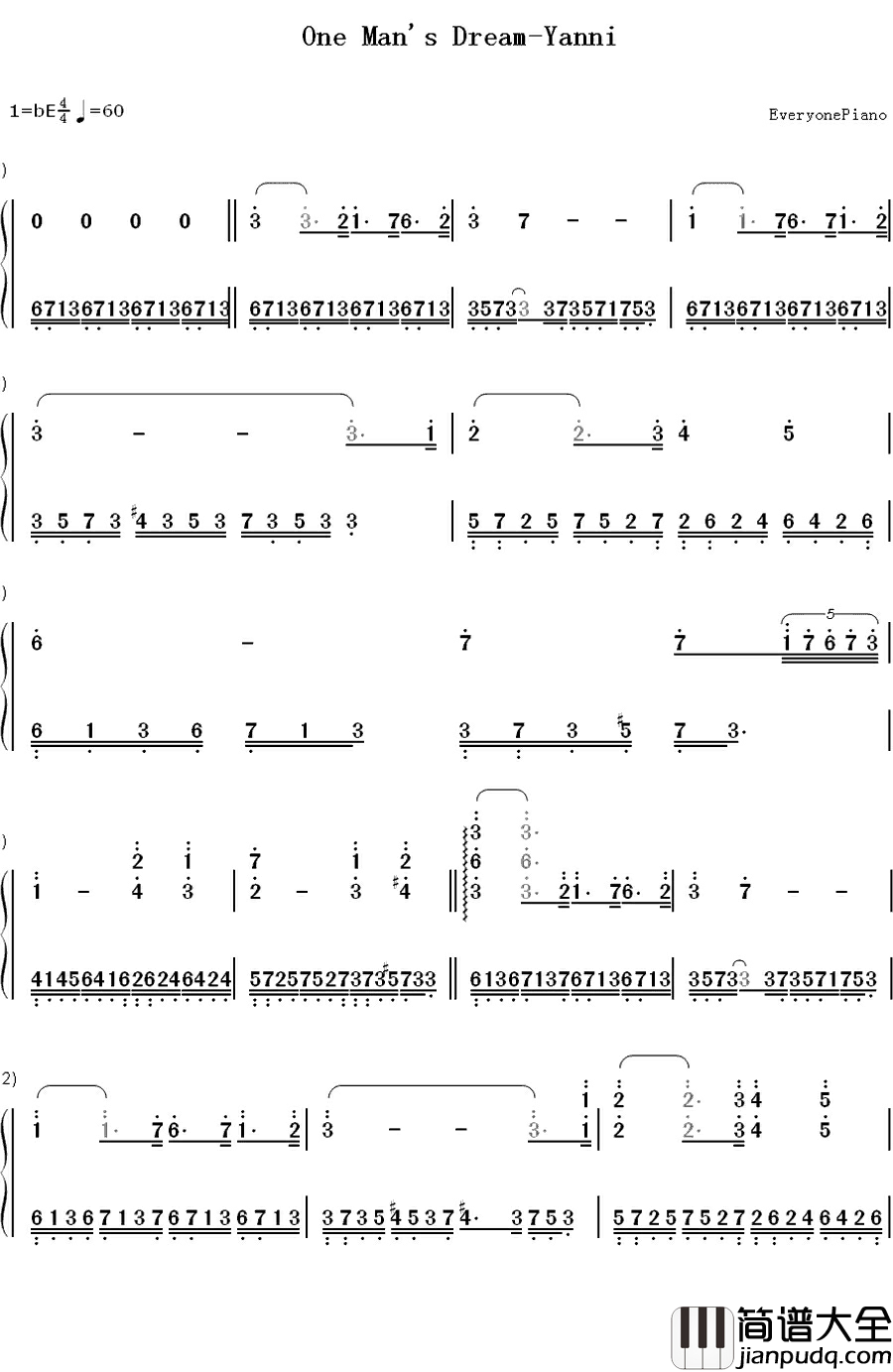 One_Man's_Dream钢琴简谱_数字双手_雅尼（Yanni）