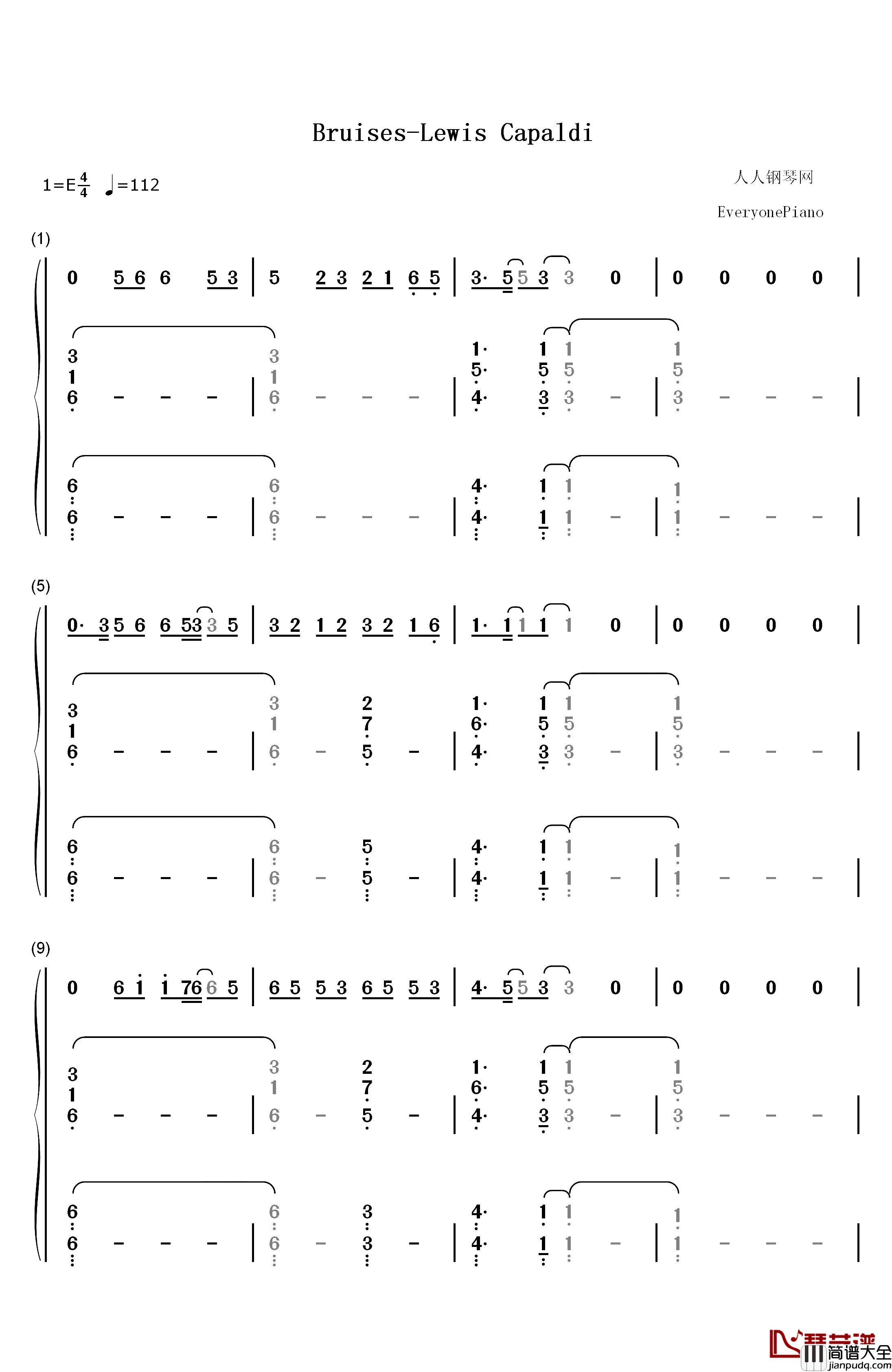 Bruises钢琴简谱_数字双手_Lewis_Capaldi