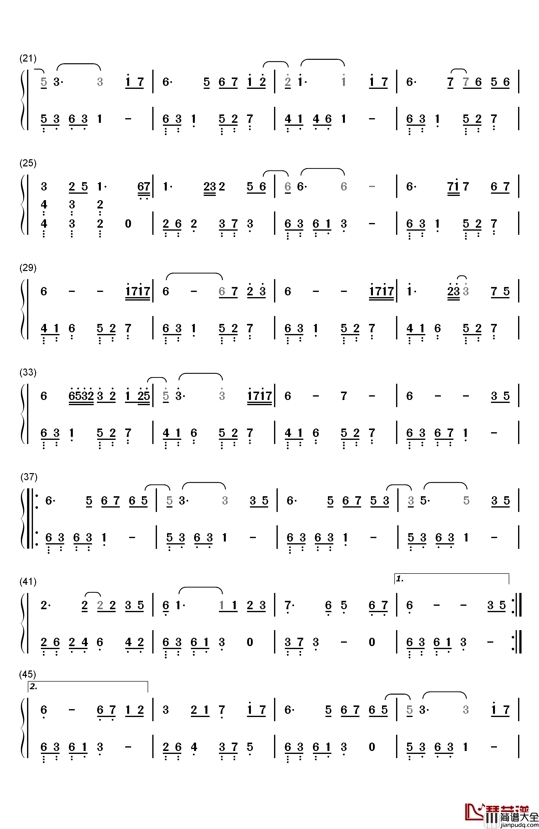 月色思念钢琴简谱_数字双手_赵海洋