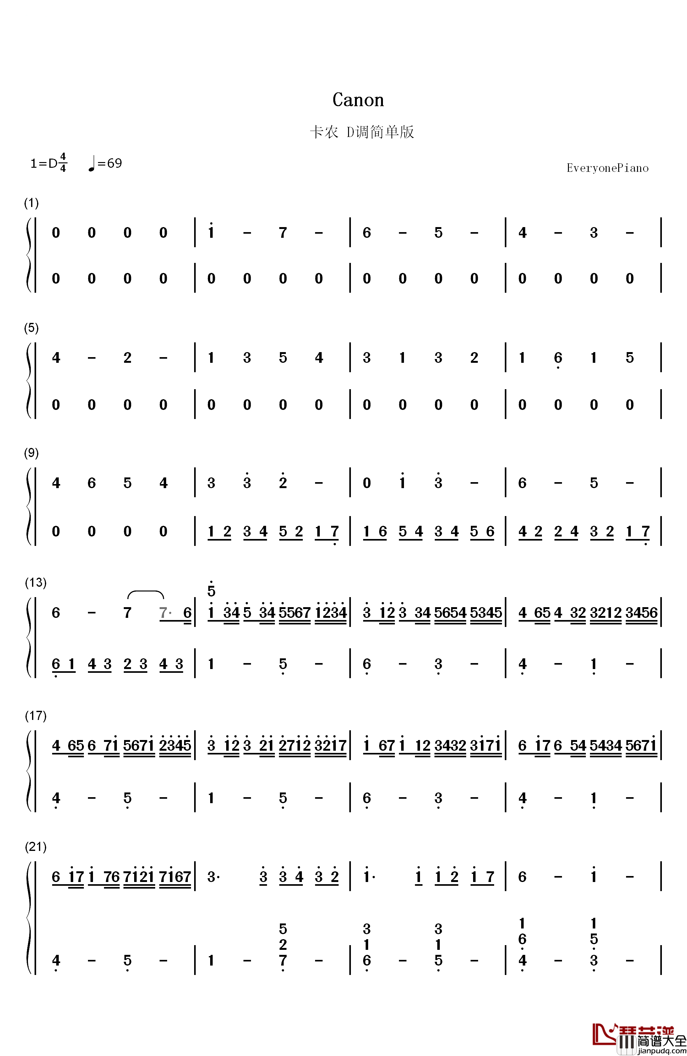 卡农D调简单版钢琴简谱_数字双手_帕海贝尔