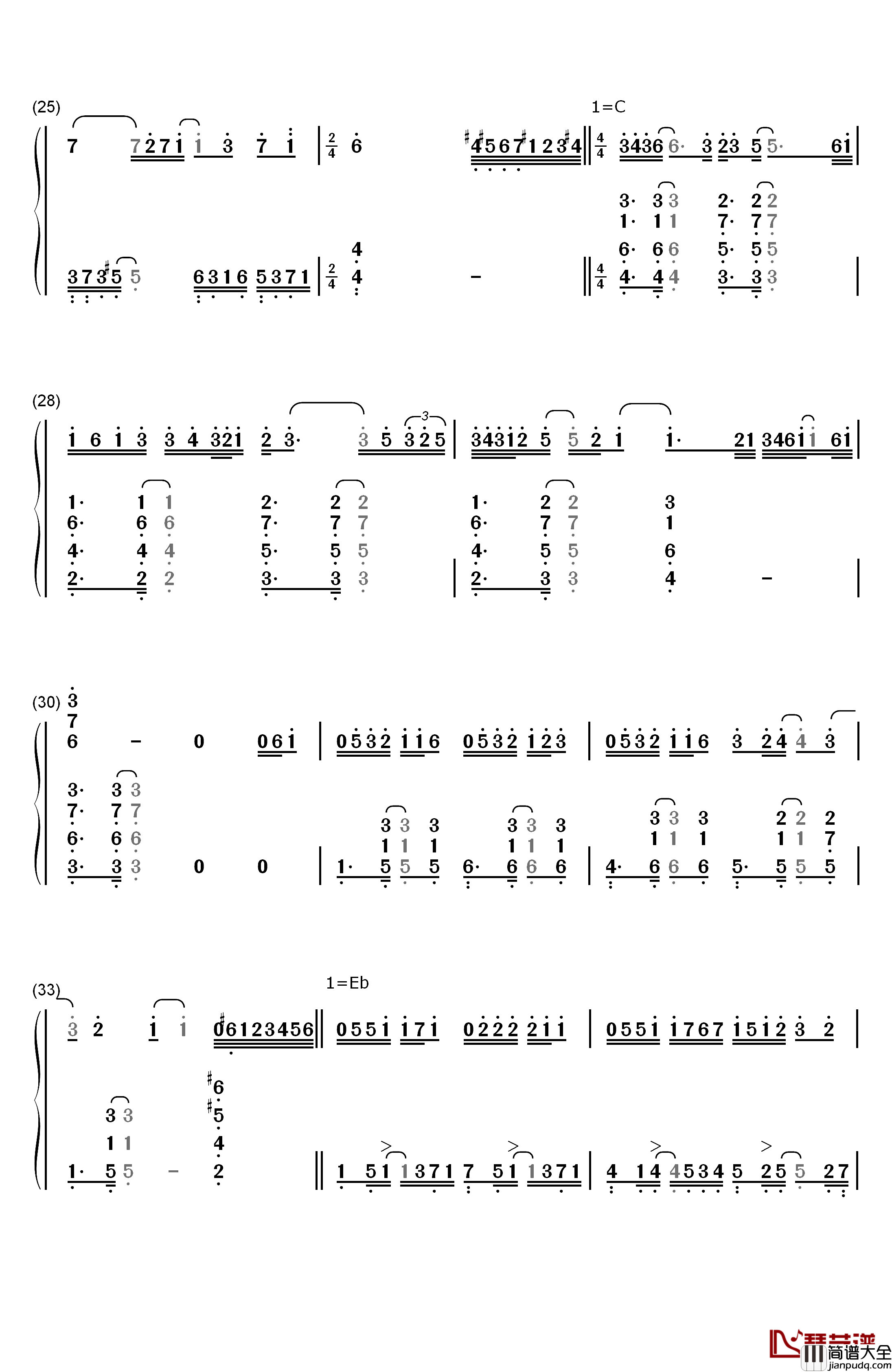 屋顶钢琴简谱_数字双手_周杰伦