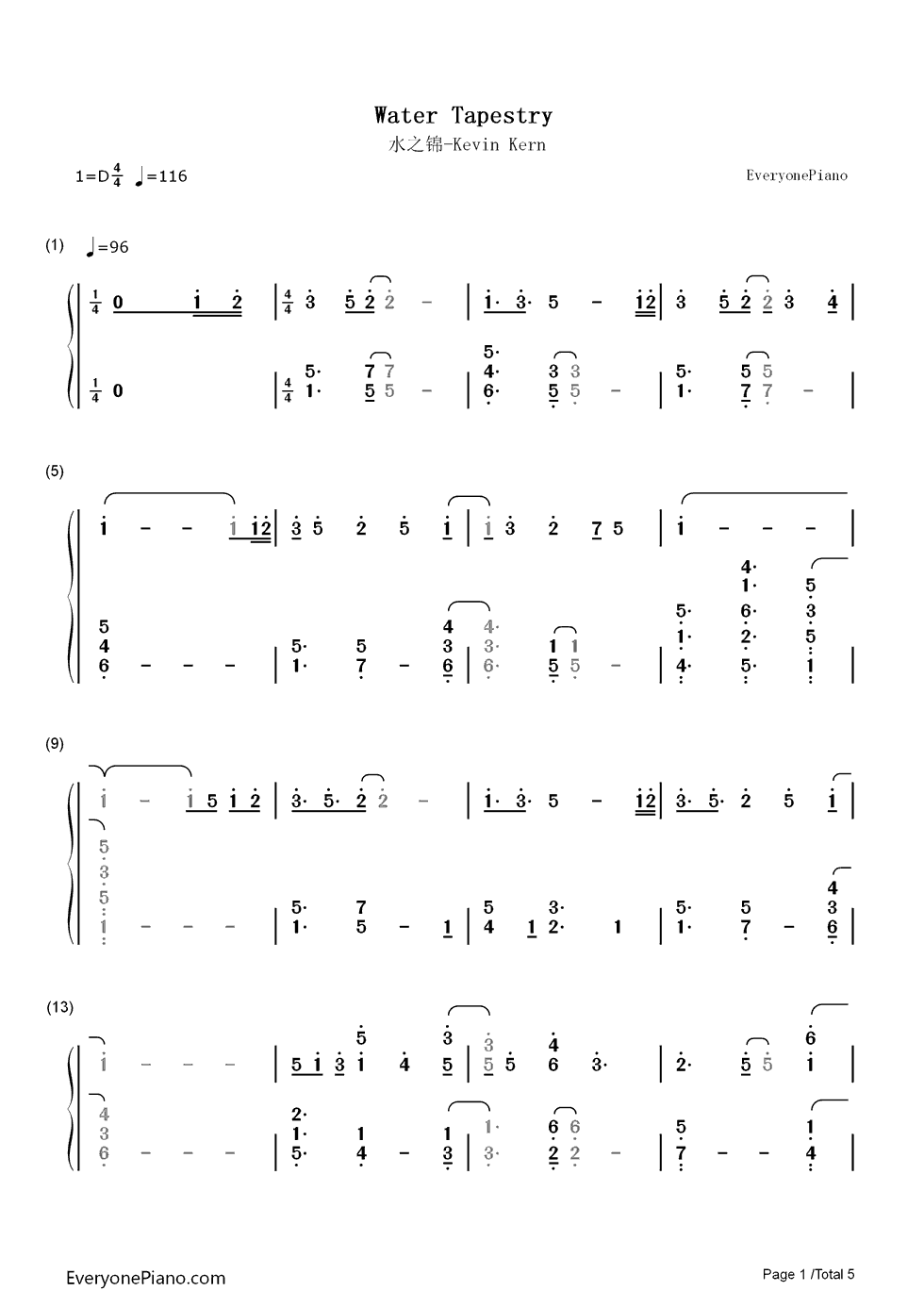 水之锦钢琴简谱_数字双手_Kevin_Kern