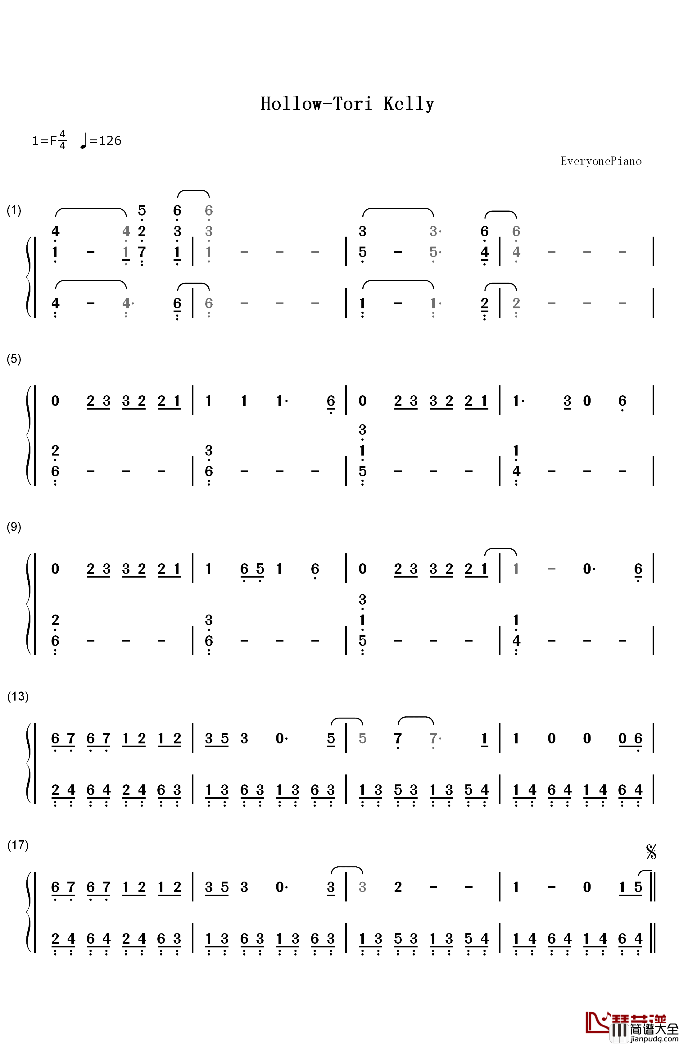 Hollow钢琴简谱_数字双手_Tori_Kelly