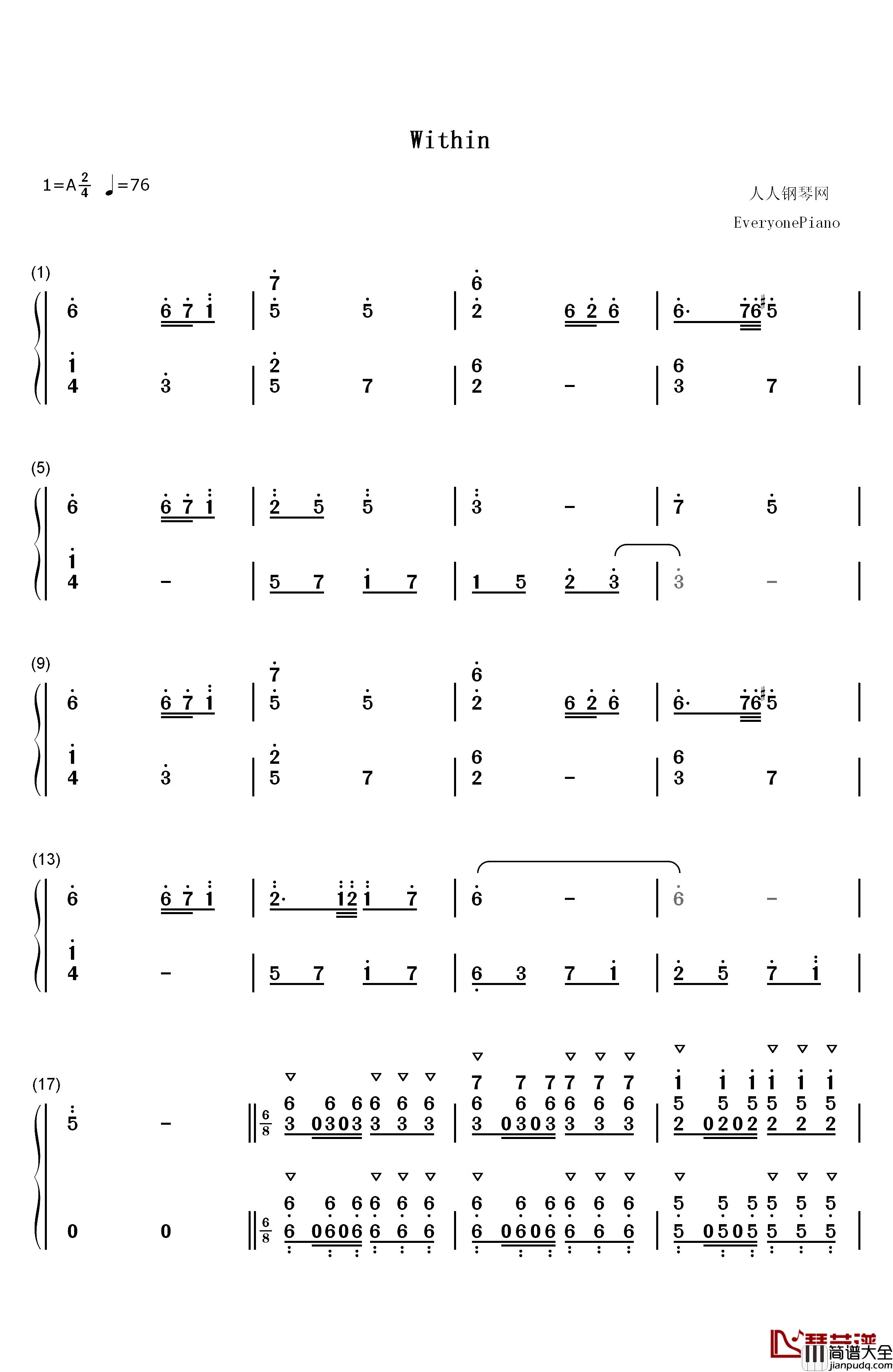 Within钢琴简谱_数字双手_Mili