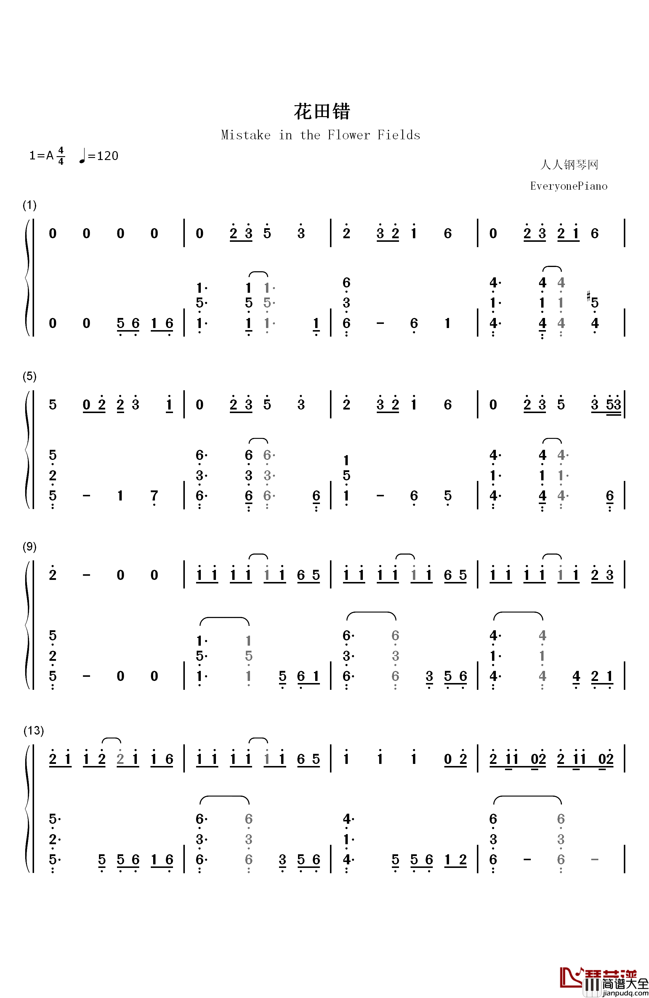花田错钢琴简谱_数字双手_王力宏