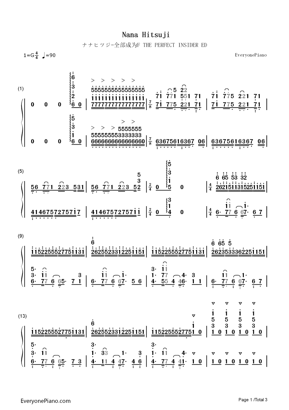 ナナヒツジ钢琴简谱_数字双手_シナリオアート