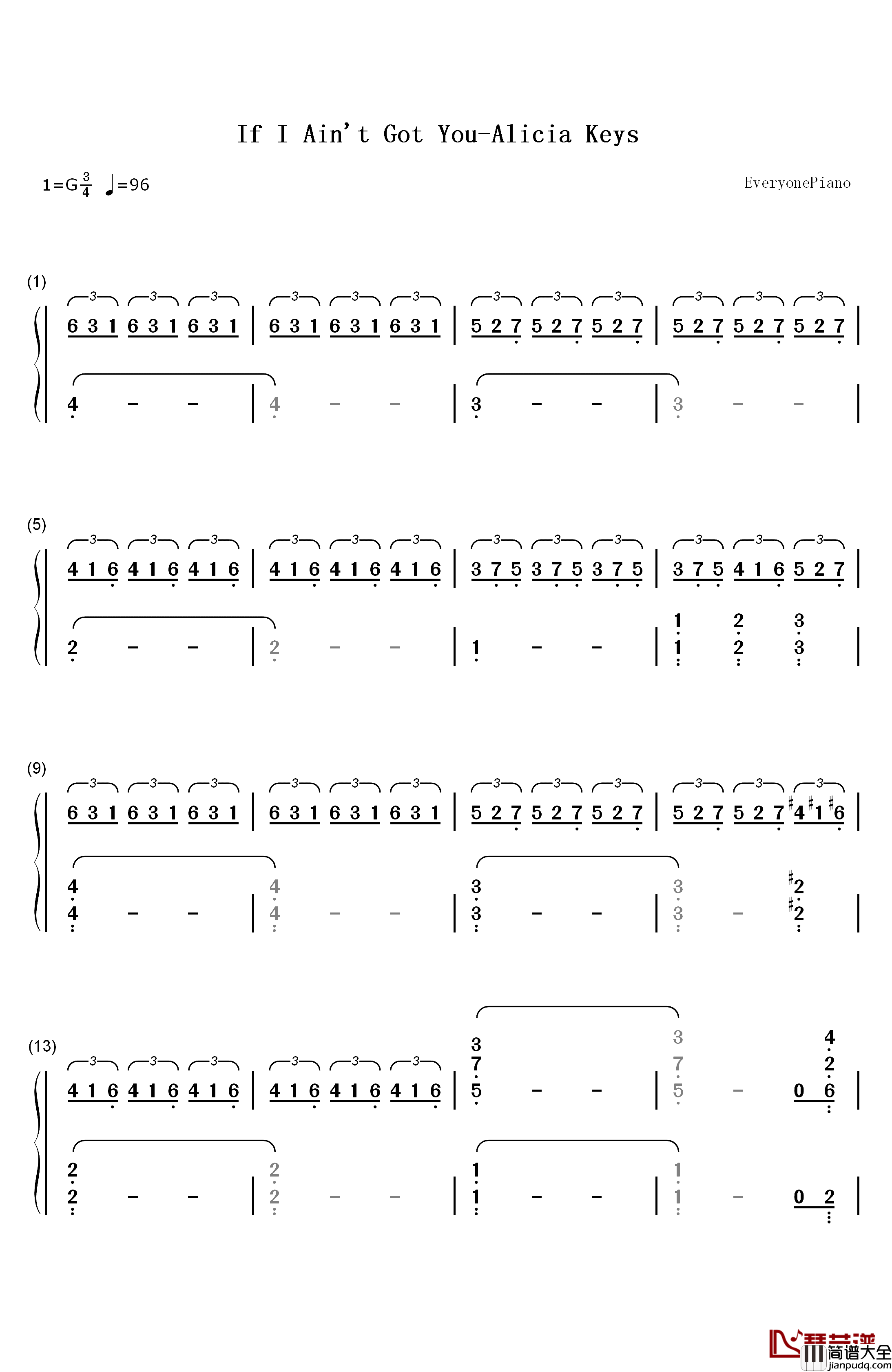 If_I_Ain't_Got_You钢琴简谱_数字双手_Alicia_Keys