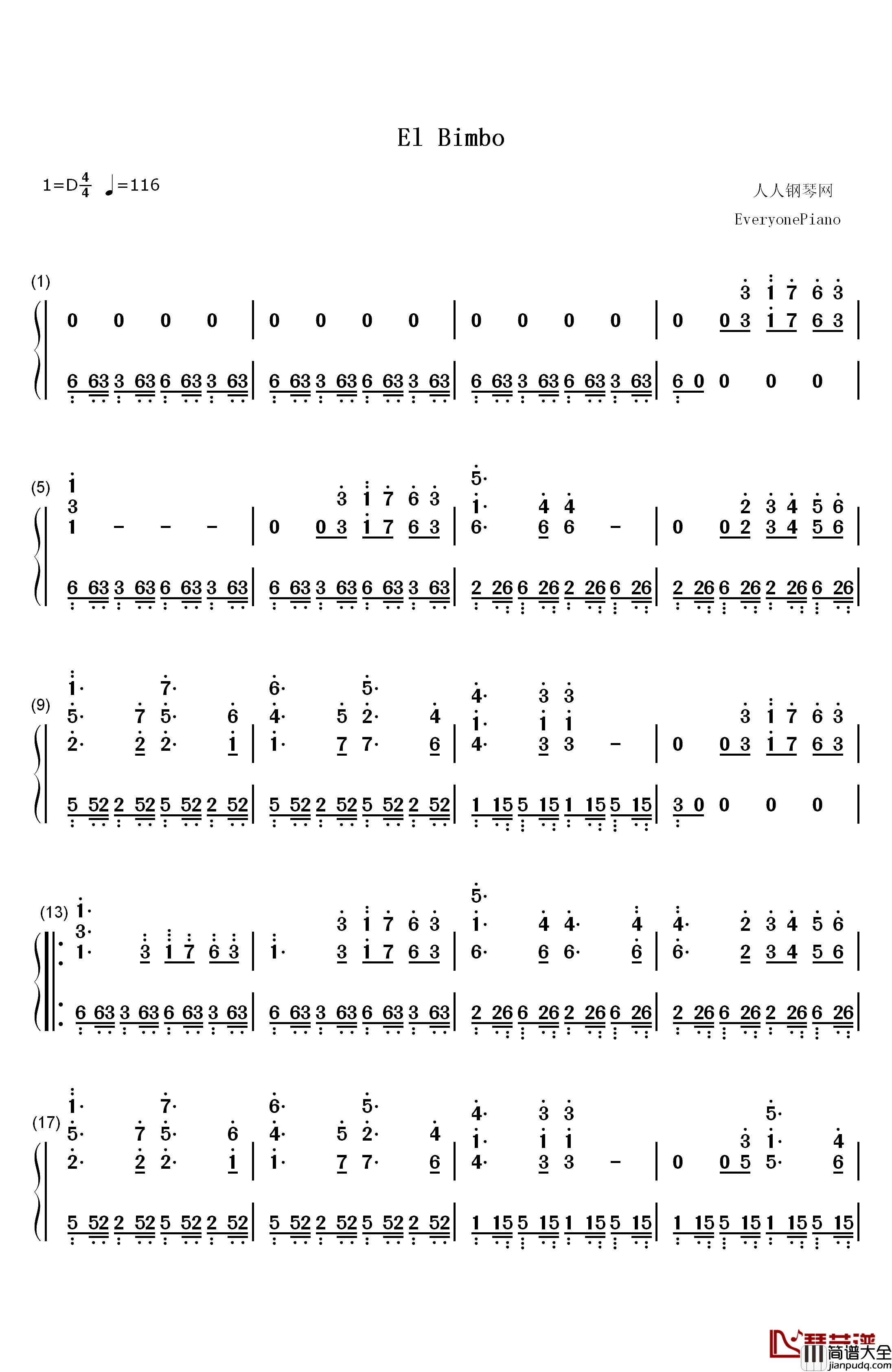 El_Bimbo钢琴简谱_数字双手_Paul_Mauriat