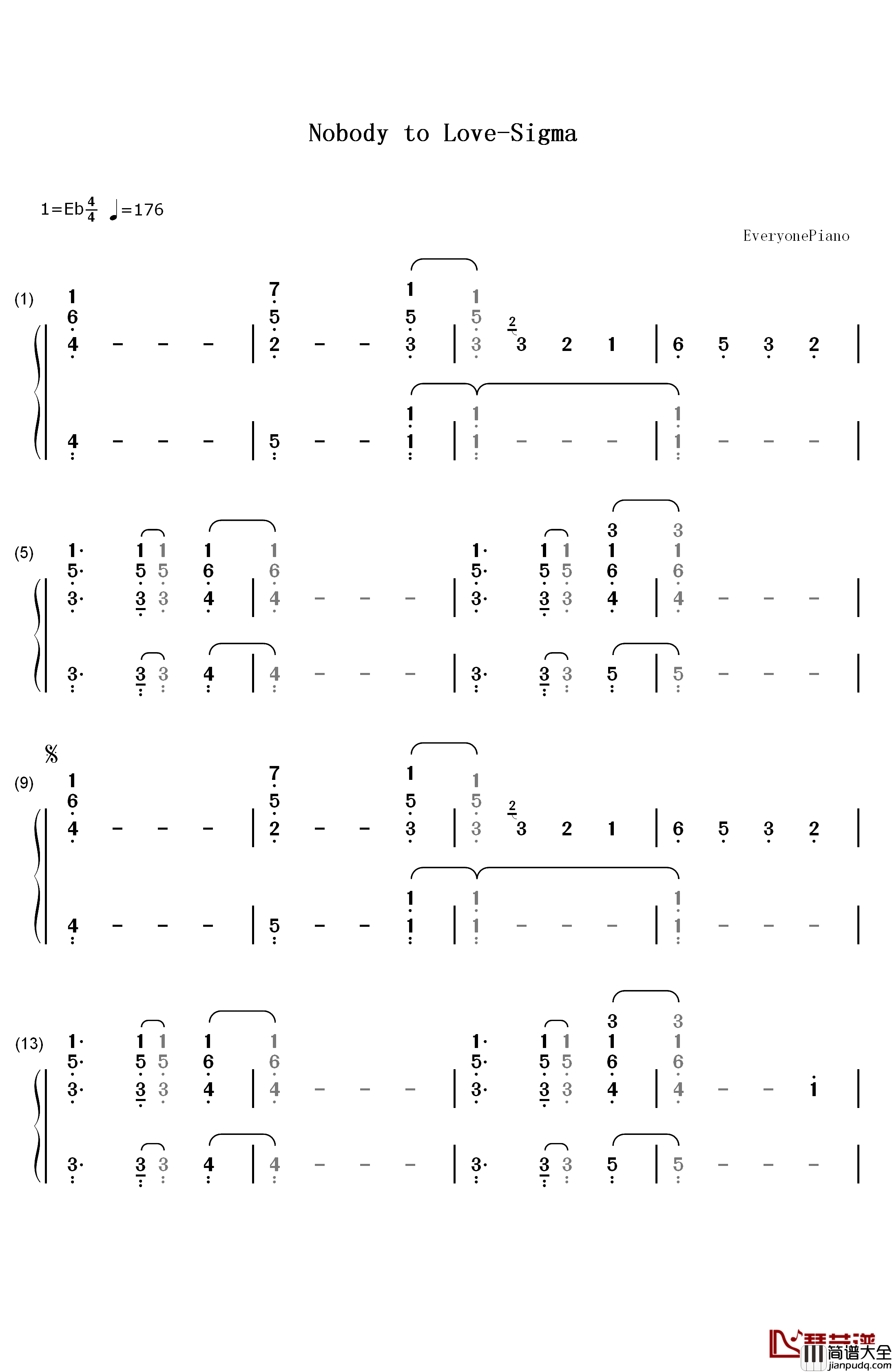 Nobody_to_Love钢琴简谱_数字双手_Sigma