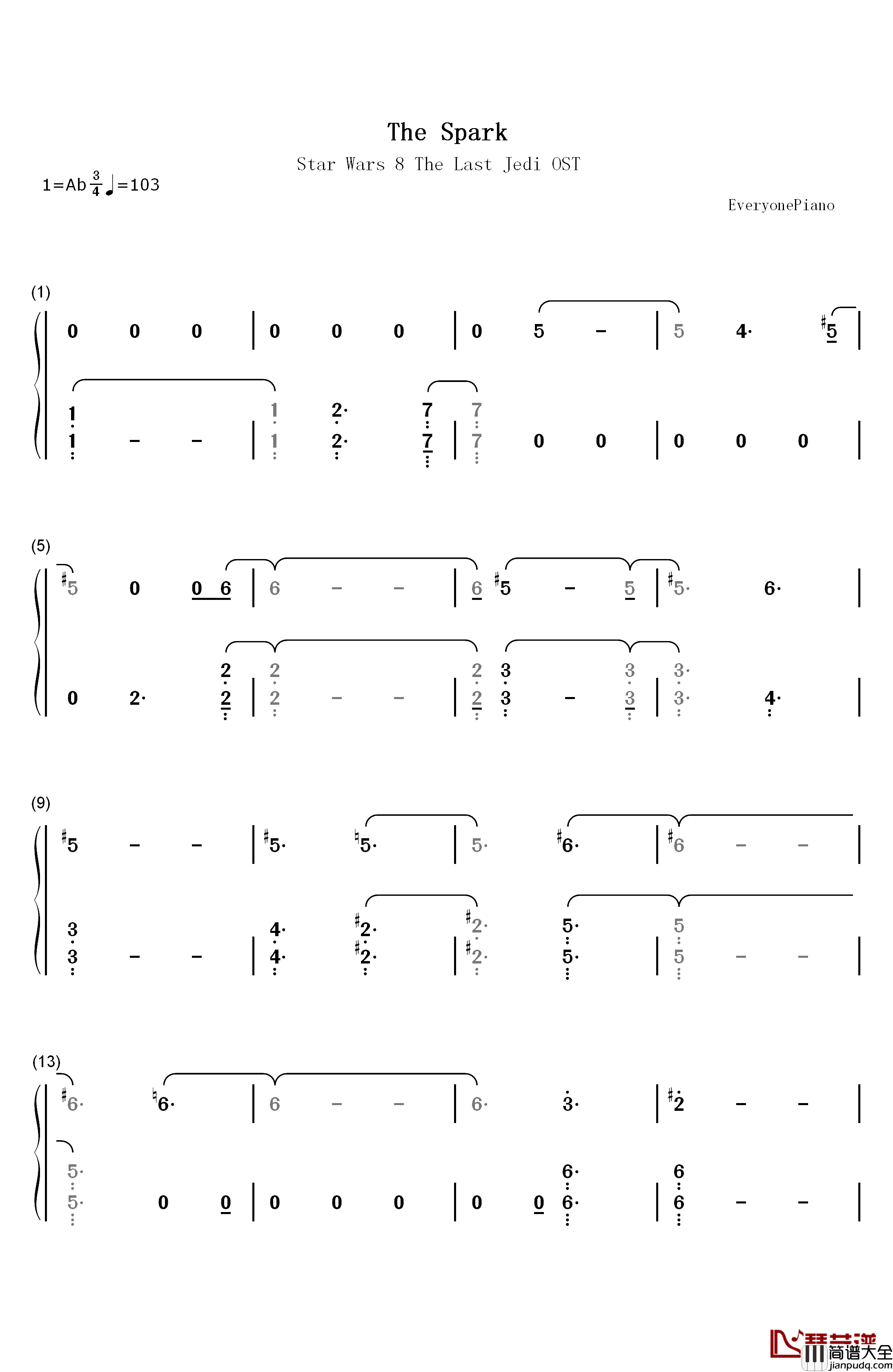 The_Spark钢琴简谱_数字双手_John_Williams