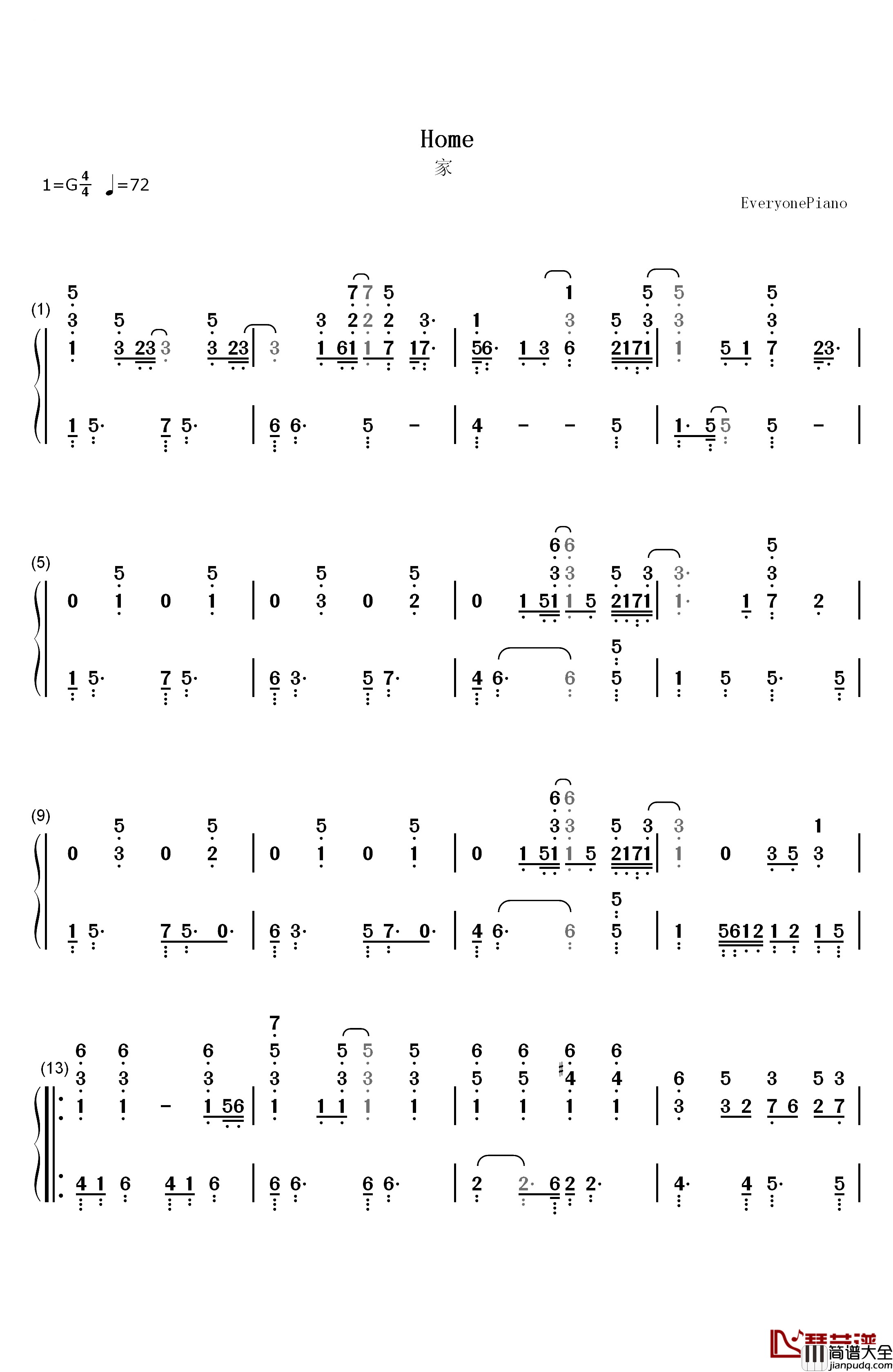 Home钢琴简谱_数字双手_Michael_Buble