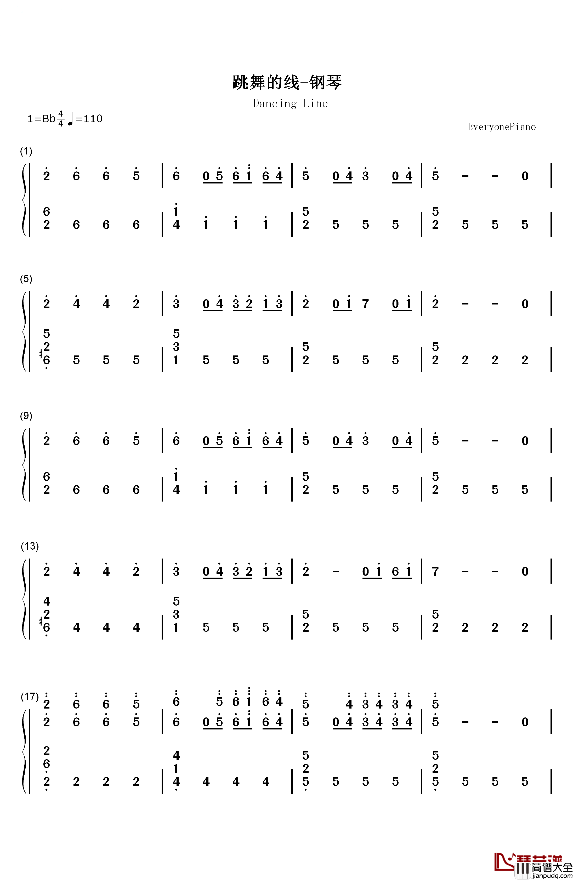 跳舞的线钢琴简谱_数字双手_DL