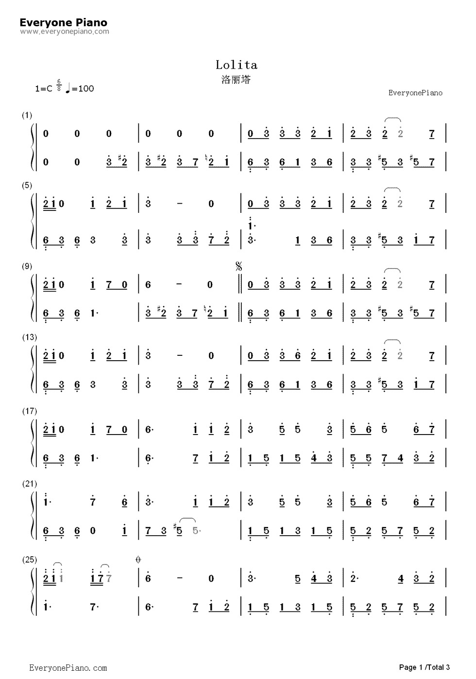 洛丽塔钢琴简谱_数字双手_卓亚君