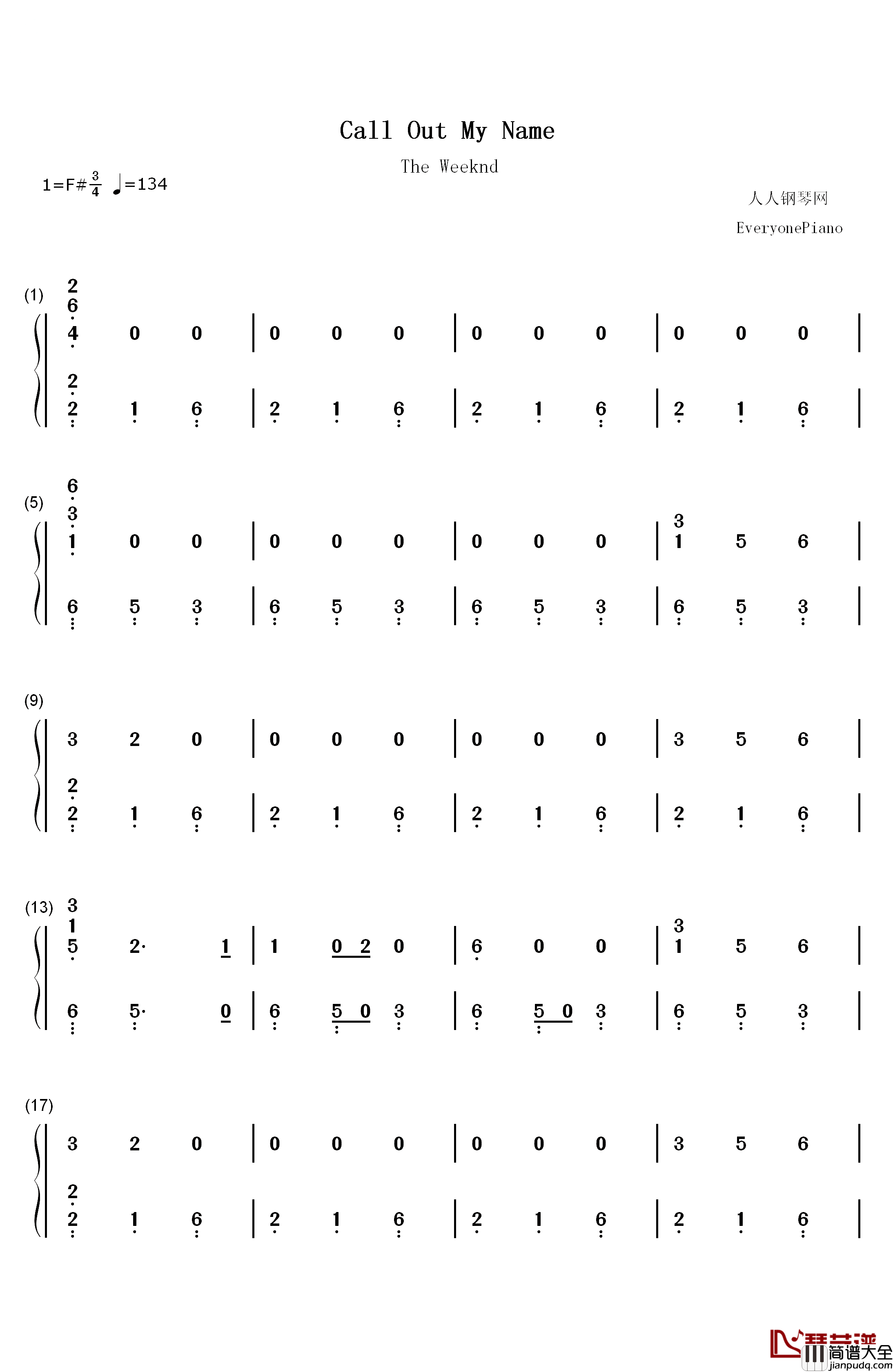 Call_Out_My_Name钢琴简谱_数字双手_The_Weeknd