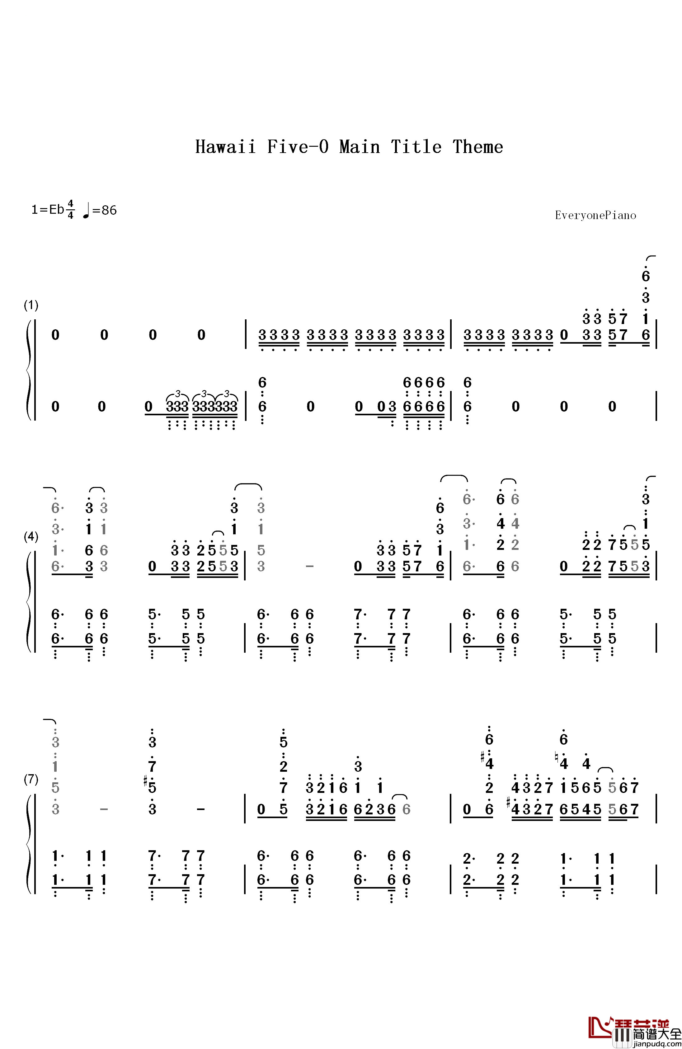 Hawaii_Five钢琴简谱_数字双手_Brian_Tyler