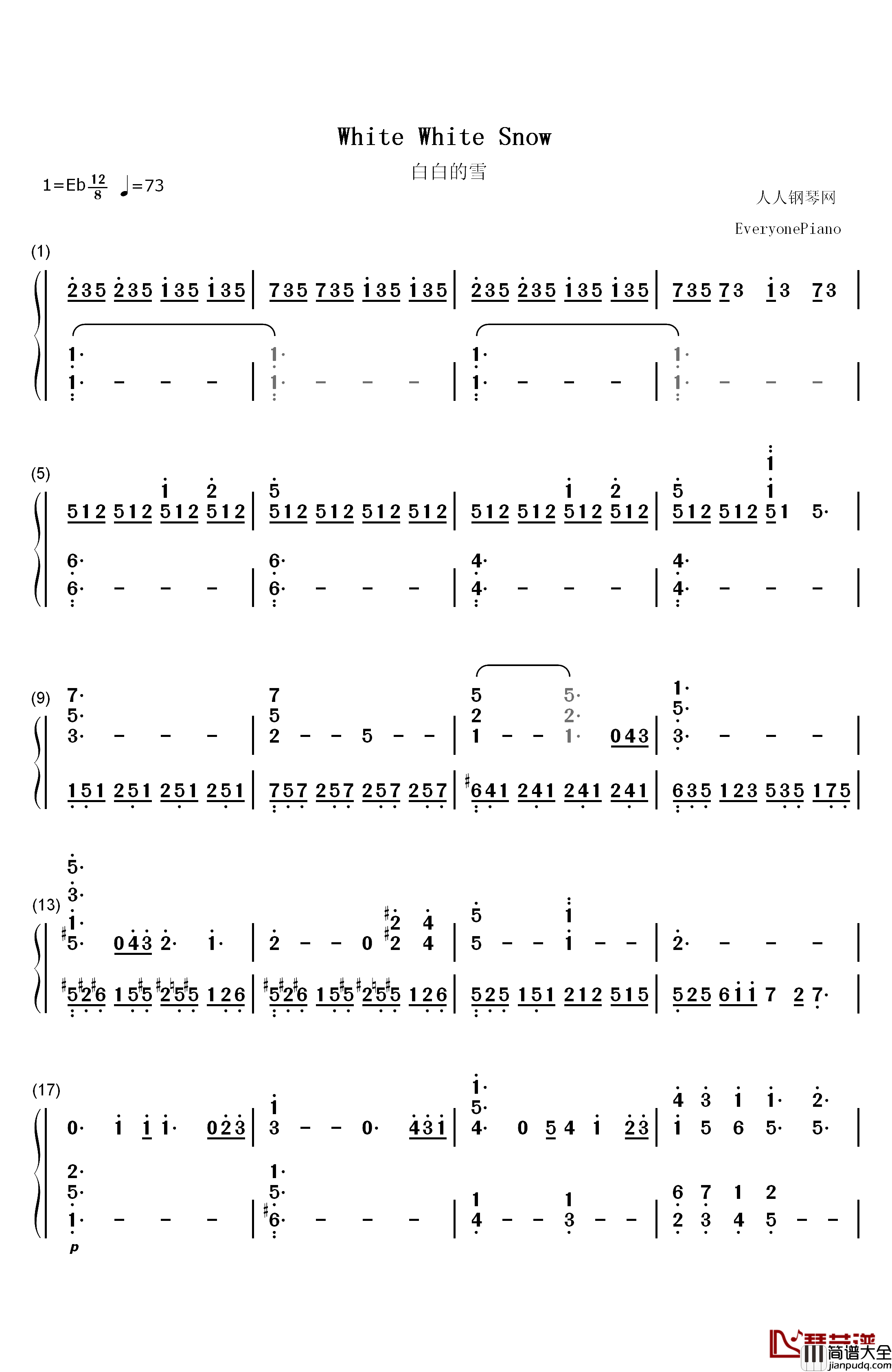 White_White_Snow钢琴简谱_数字双手_末广健一郎